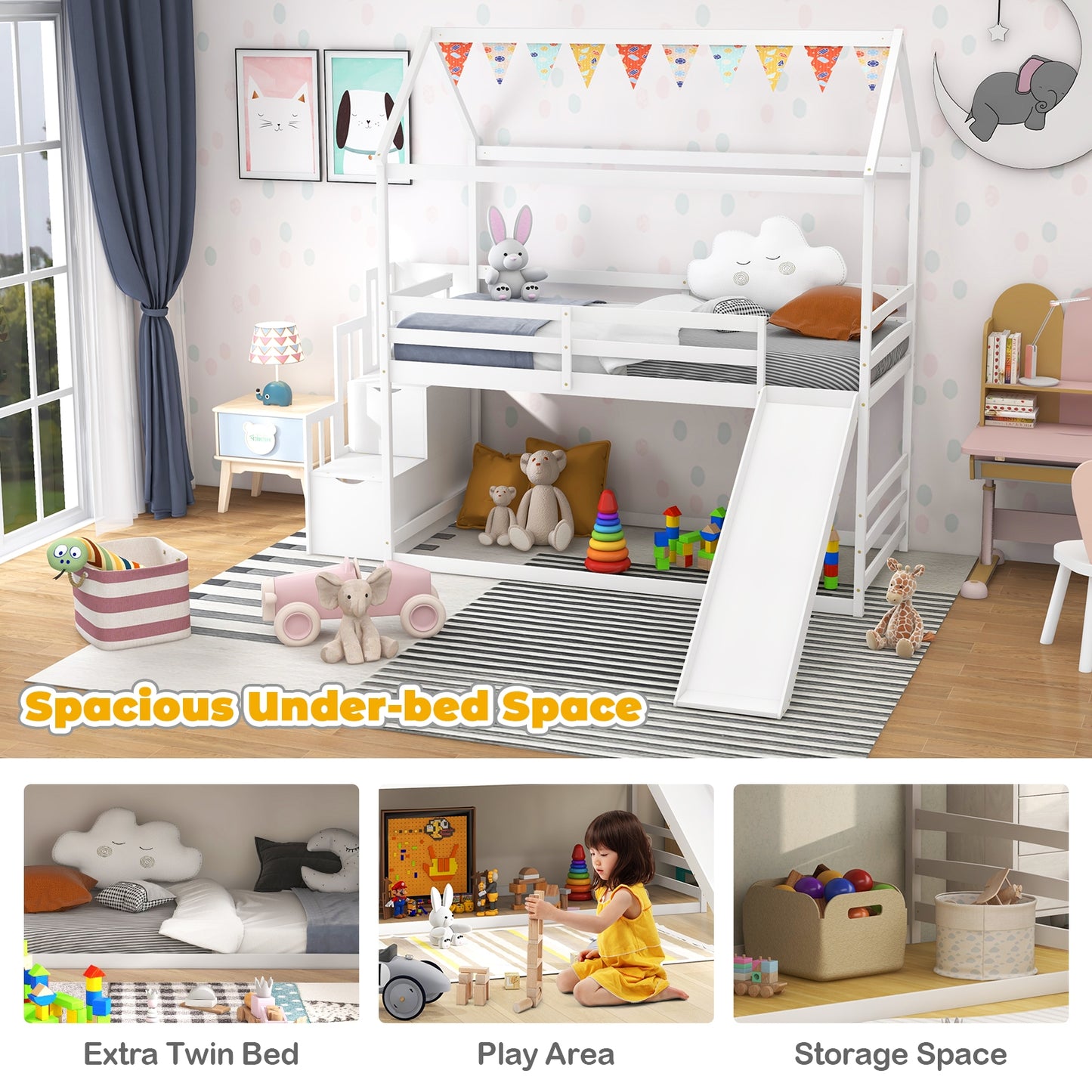 Twin over Twin Bunk Bed with Slide and 2-Step Storage Staircase-White Kids Crystal