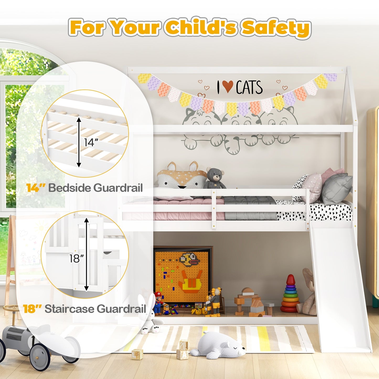 Twin over Twin Bunk Bed with Slide and 2-Step Storage Staircase-White Kids Crystal