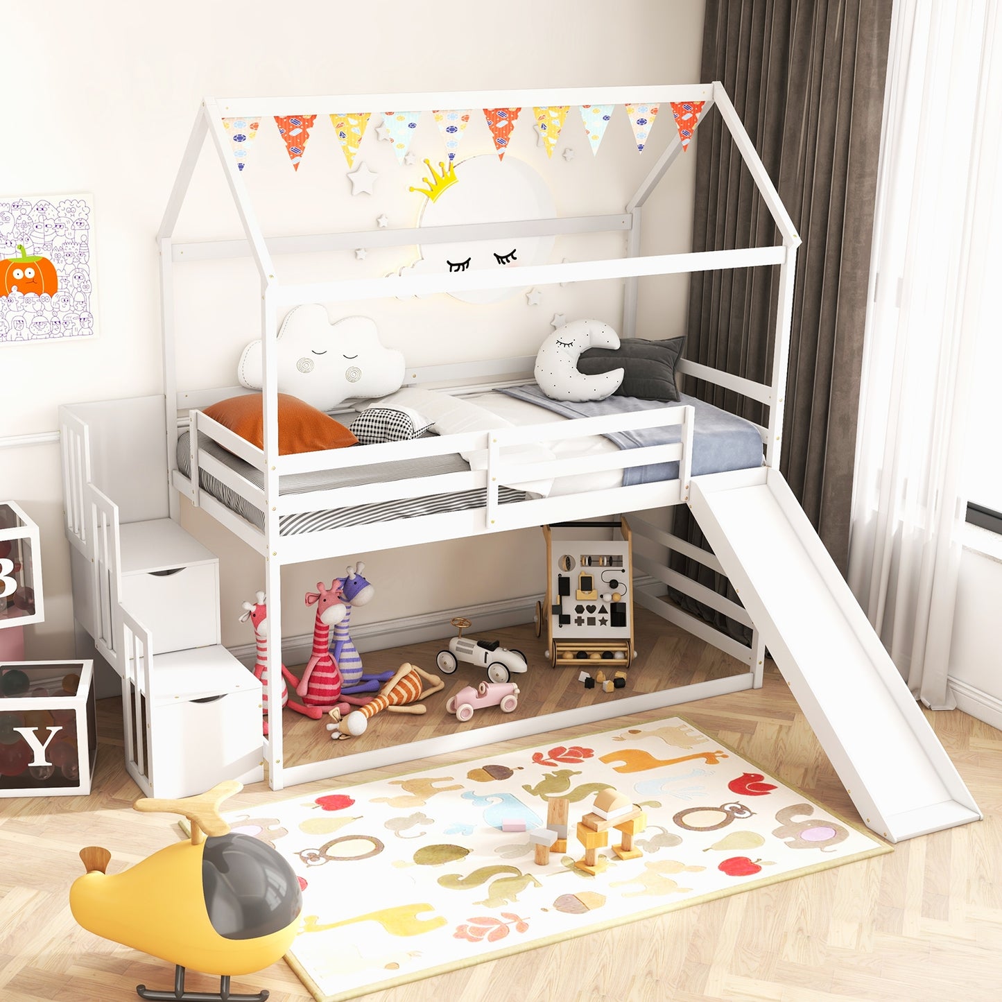 Twin over Twin Bunk Bed with Slide and 2-Step Storage Staircase-White Kids Crystal