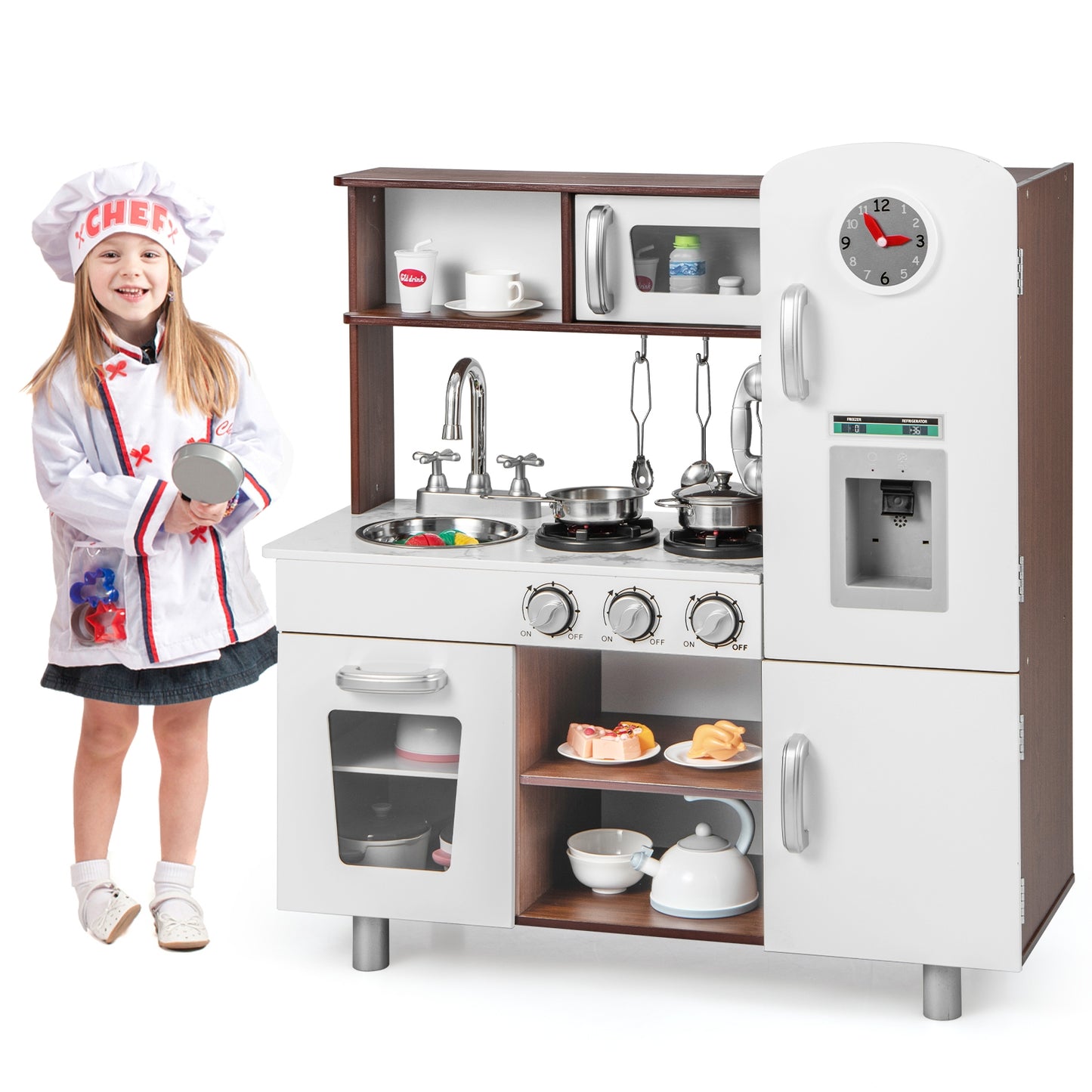 Kids Kitchen Playset with Realistic Sounds and Lights-Brown & White Kids Crystal
