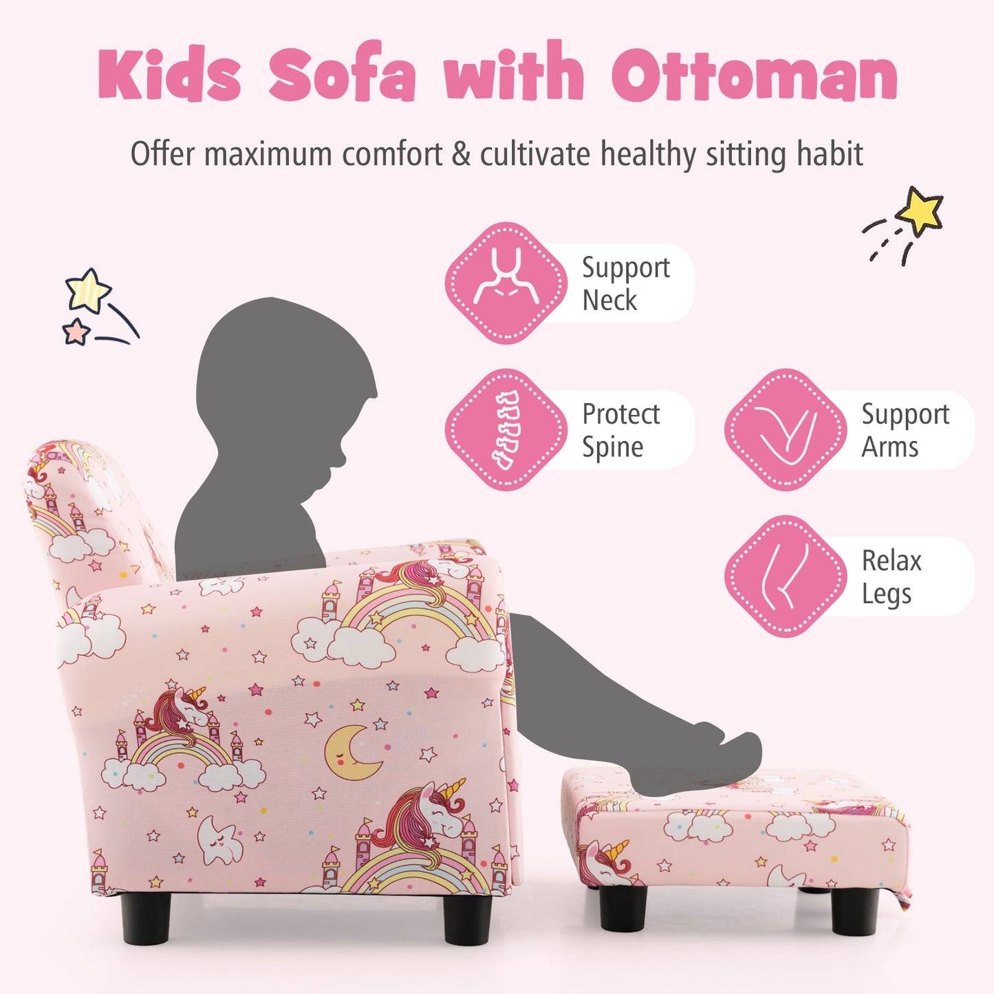 Kids Single Sofa with Cute Patterns Ergonomic Backrest and Armrests-Pink