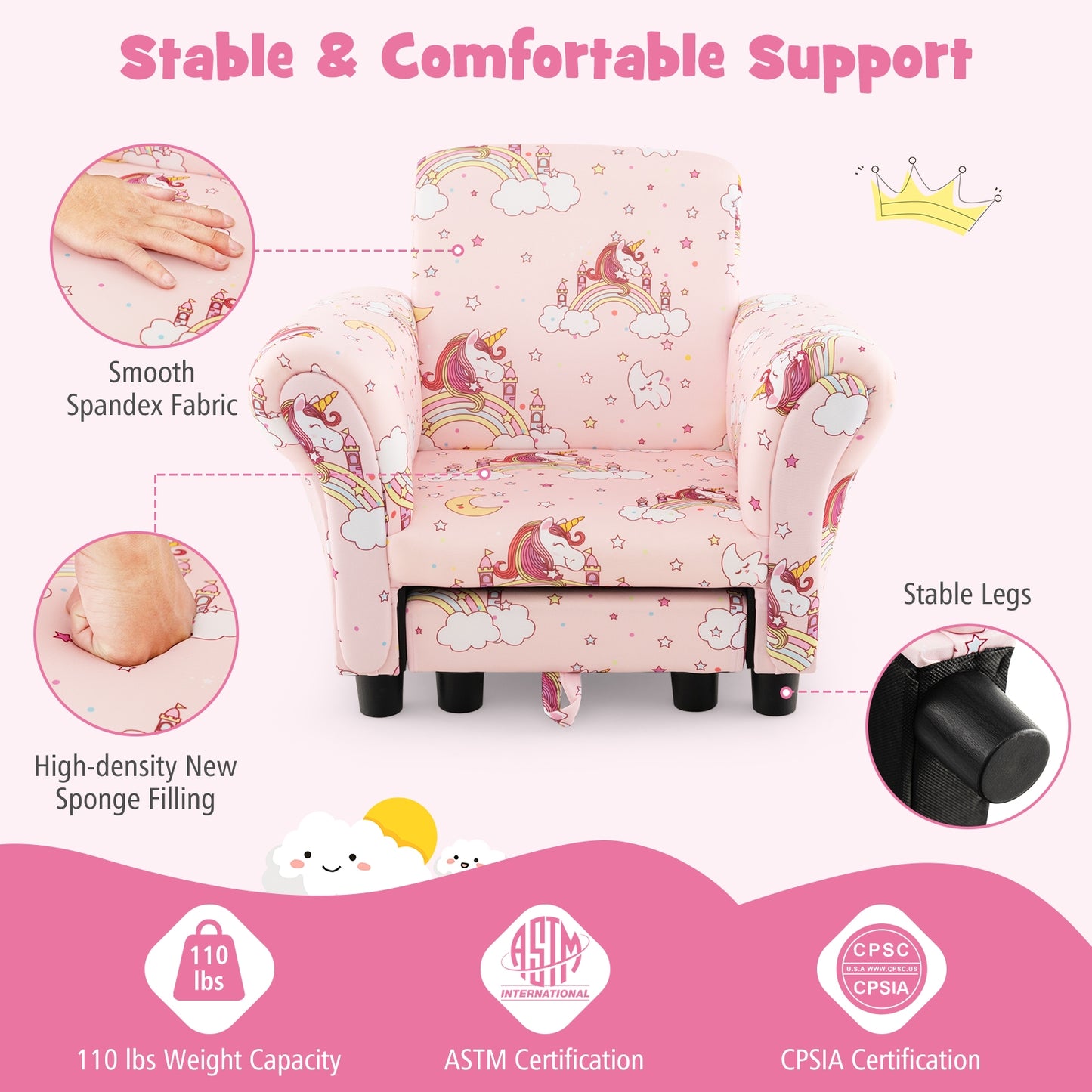 Kids Single Sofa with Cute Patterns Ergonomic Backrest and Armrests-Pink