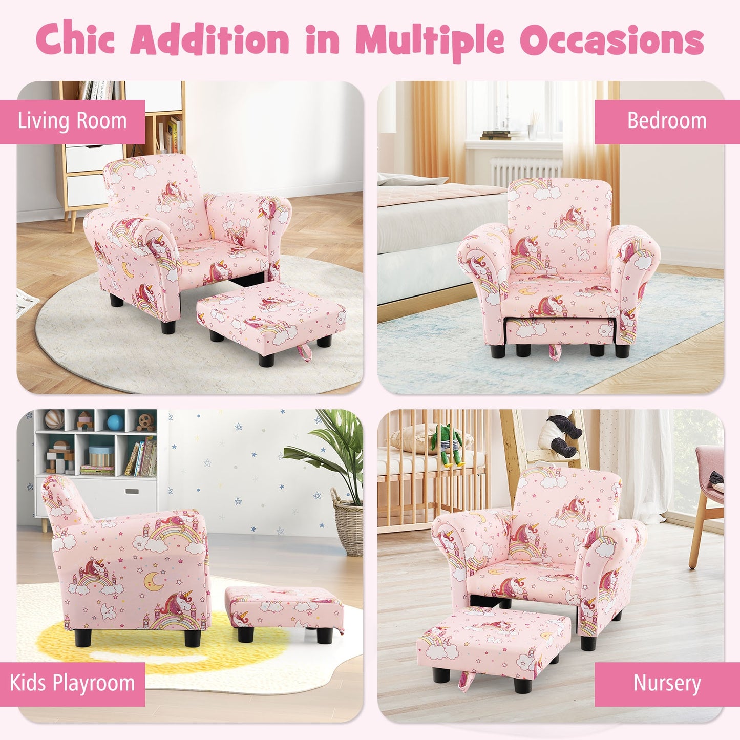 Kids Single Sofa with Cute Patterns Ergonomic Backrest and Armrests-Pink