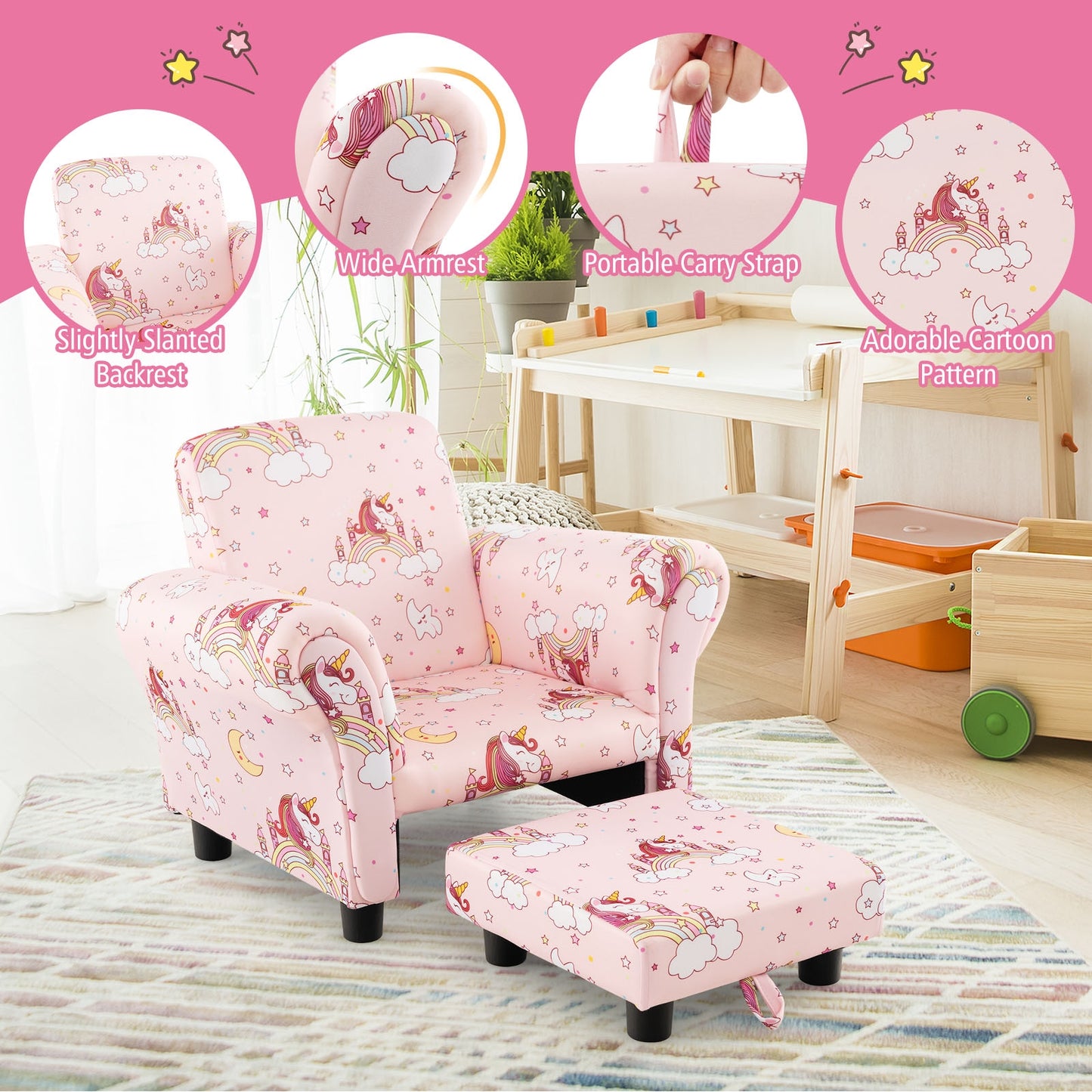 Kids Single Sofa with Cute Patterns Ergonomic Backrest and Armrests-Pink Kids Crystal