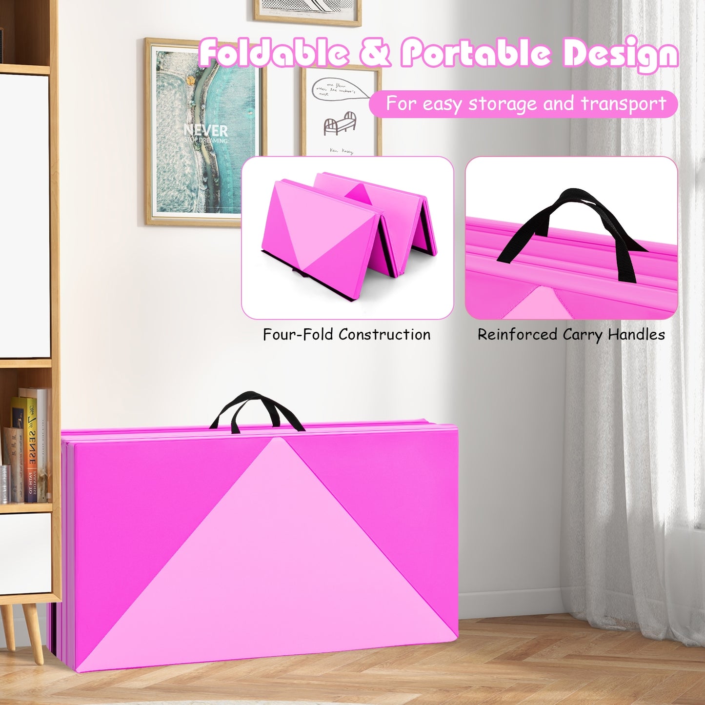 8 Feet PU Leather Folding Gymnastics Mat with Hook and Loop Fasteners-Pink Kids Crystal