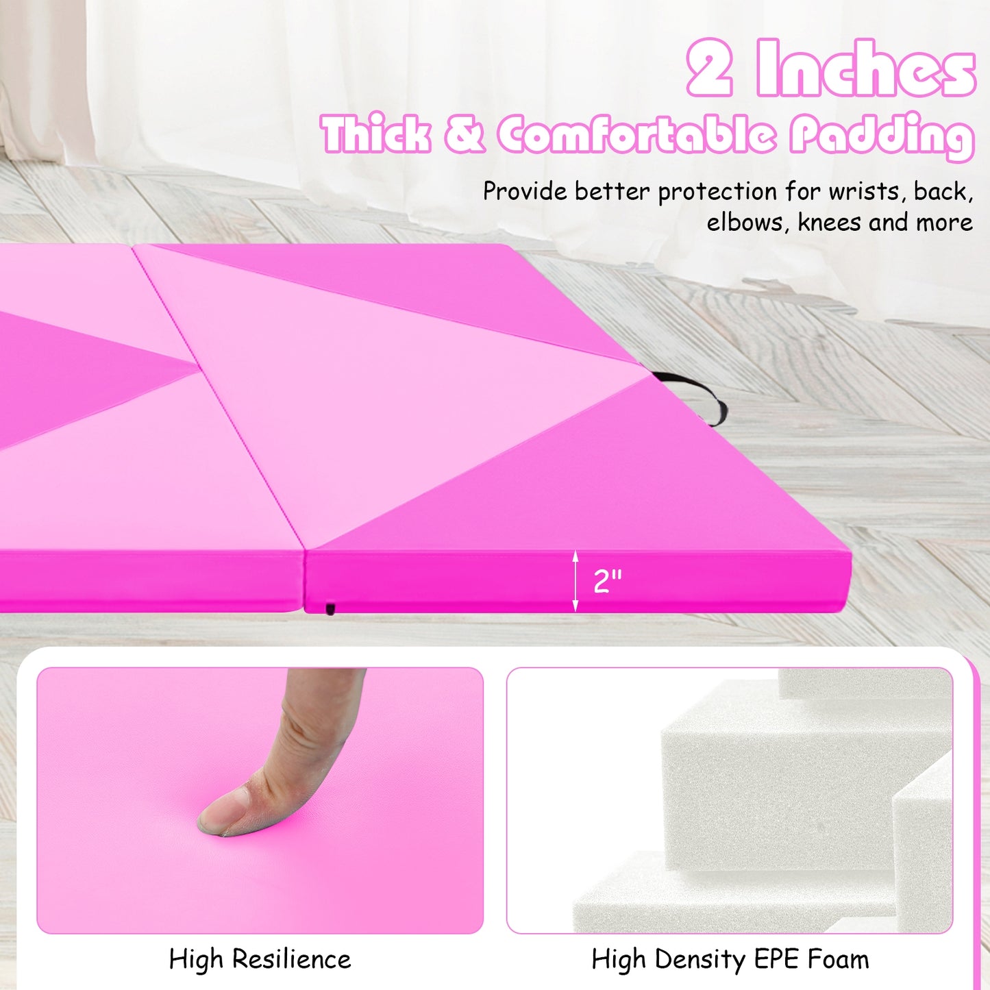 8 Feet PU Leather Folding Gymnastics Mat with Hook and Loop Fasteners-Pink Kids Crystal