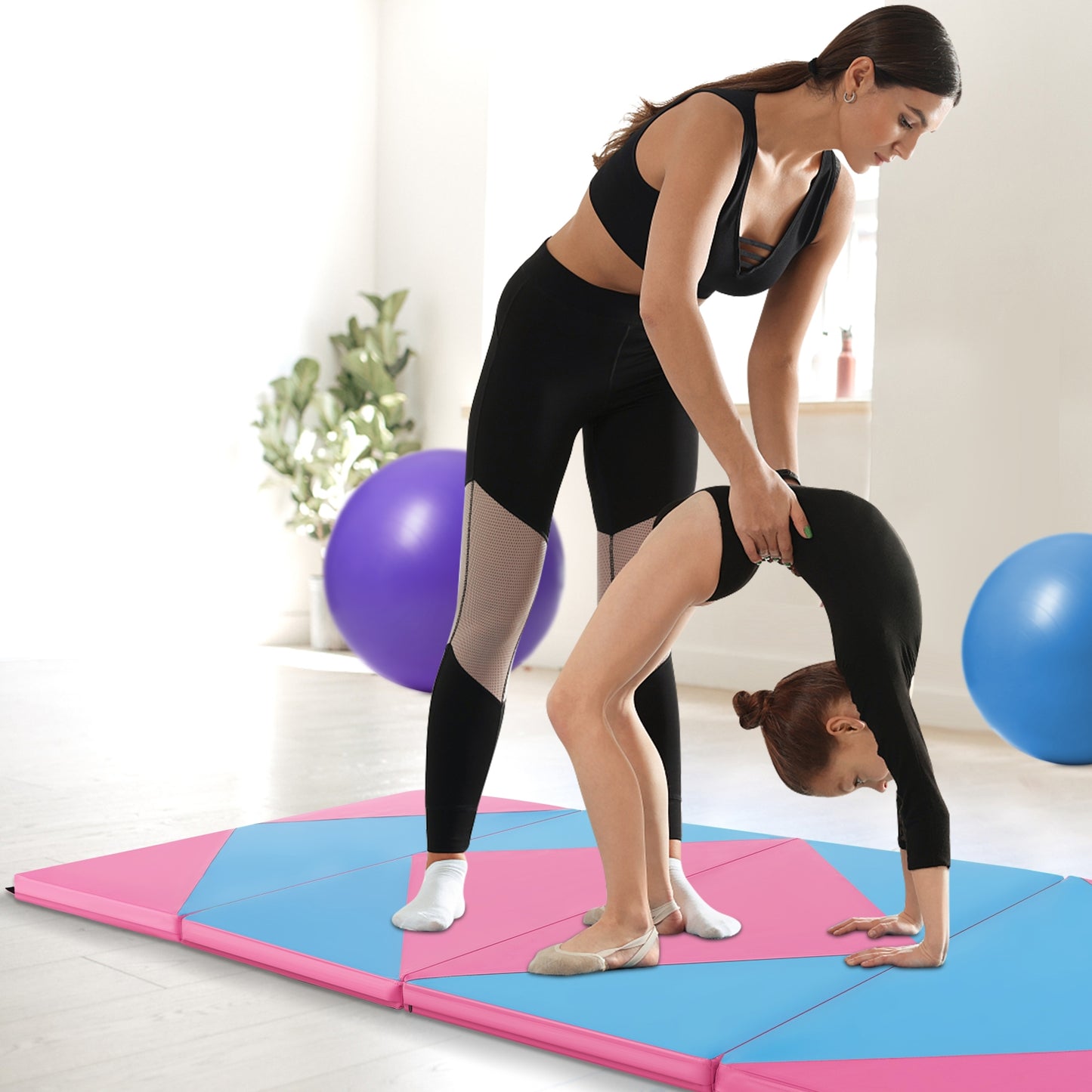 8 Feet PU Leather Folding Gymnastics Mat with Hook and Loop Fasteners-Pink & Blue Kids Crystal