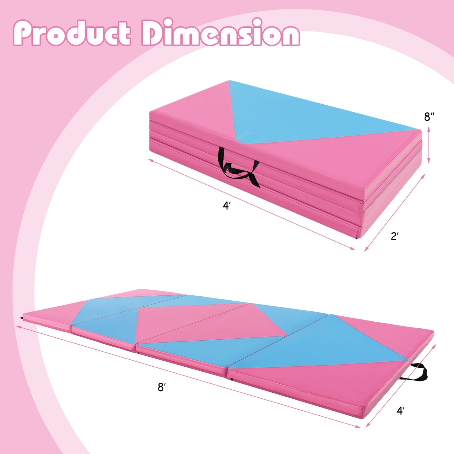 8 Feet PU Leather Folding Gymnastics Mat with Hook and Loop Fasteners-Pink & Blue Kids Crystal