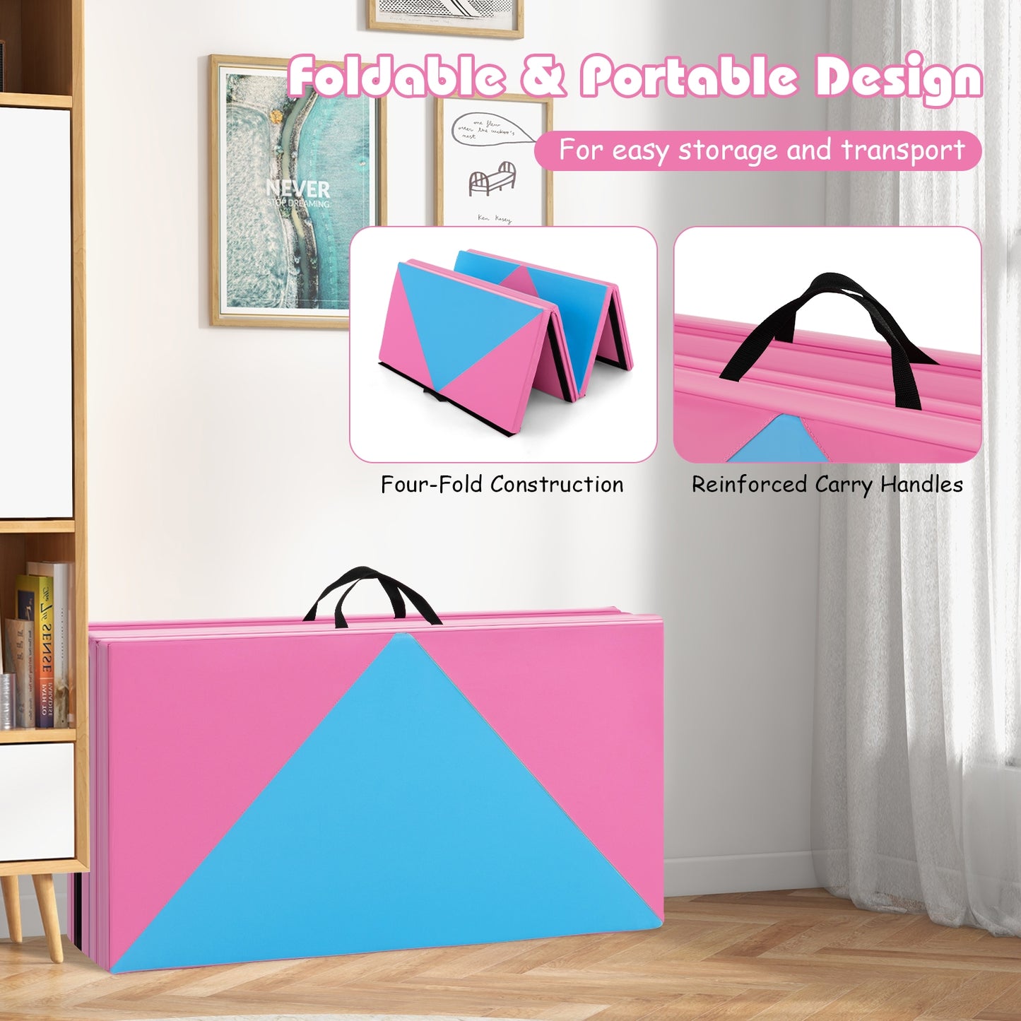 8 Feet PU Leather Folding Gymnastics Mat with Hook and Loop Fasteners-Pink & Blue Kids Crystal