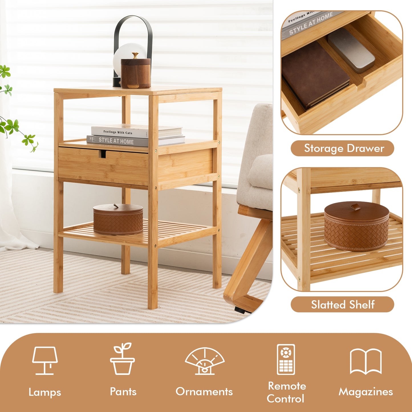 Nightstand Set of 2 Bamboo End Table with 2 Open Shelves and Drawer-Set of 2 Kids Crystal