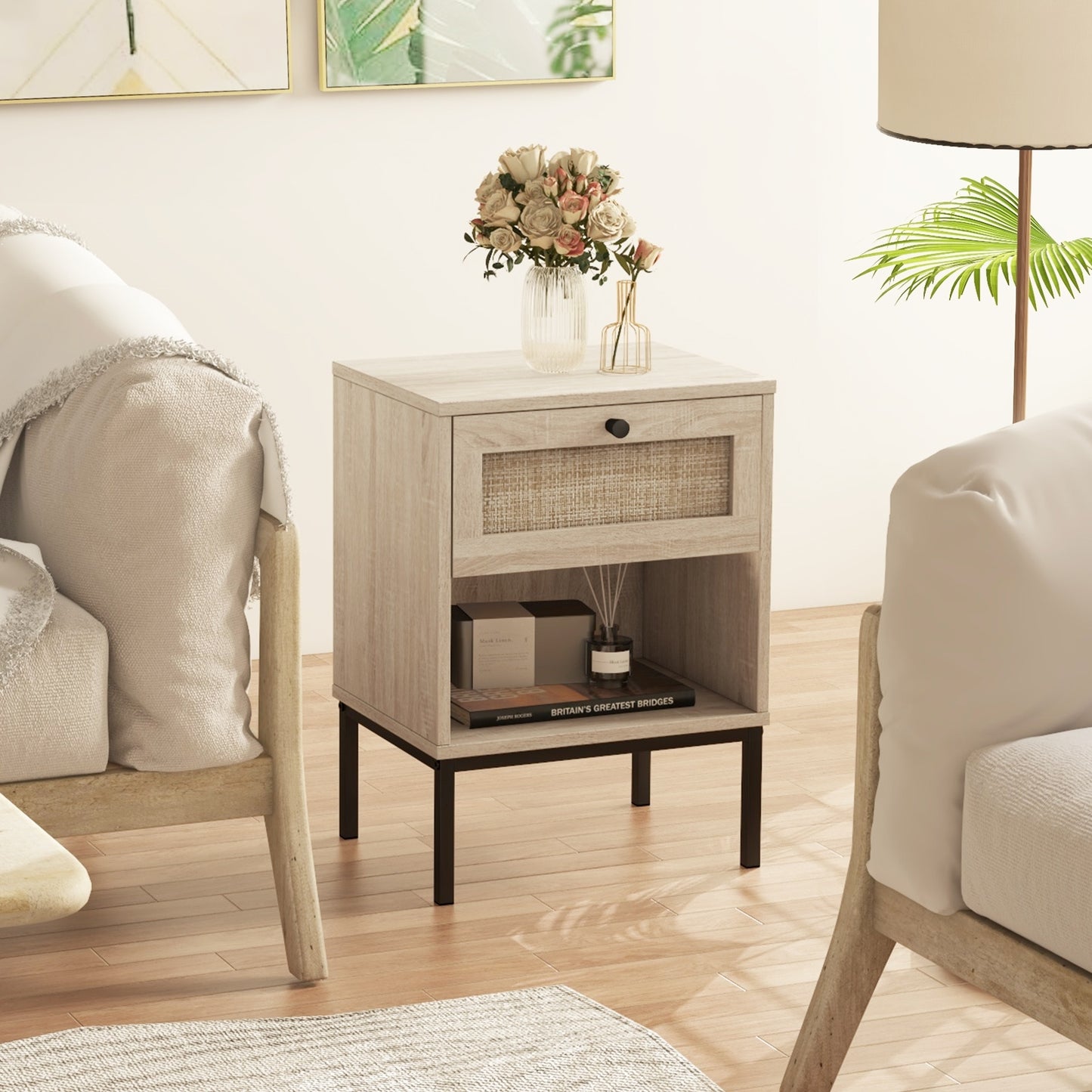 Rattan Nightstand Boho End Table with Rattan Drawer & Open Shelf-Oak Kids Crystal