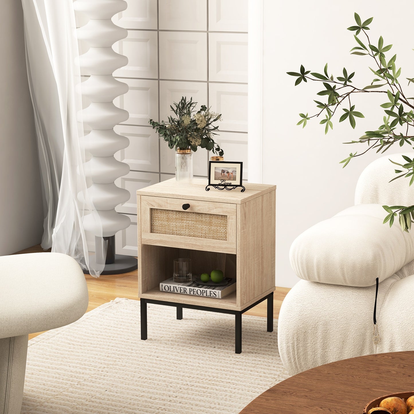 Rattan Nightstand Boho End Table with Rattan Drawer & Open Shelf-Oak Kids Crystal