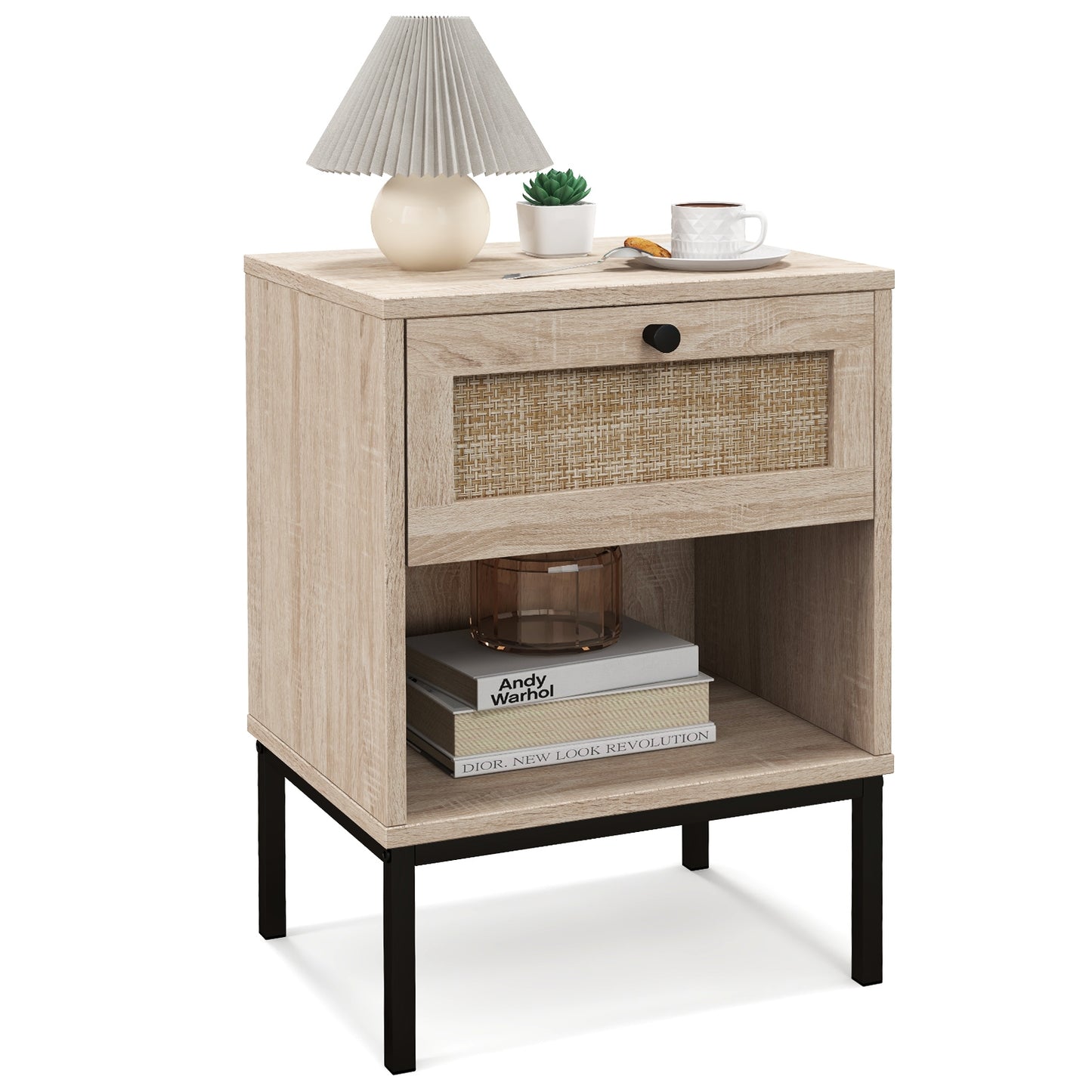 Rattan Nightstand Boho End Table with Rattan Drawer & Open Shelf-Oak Kids Crystal
