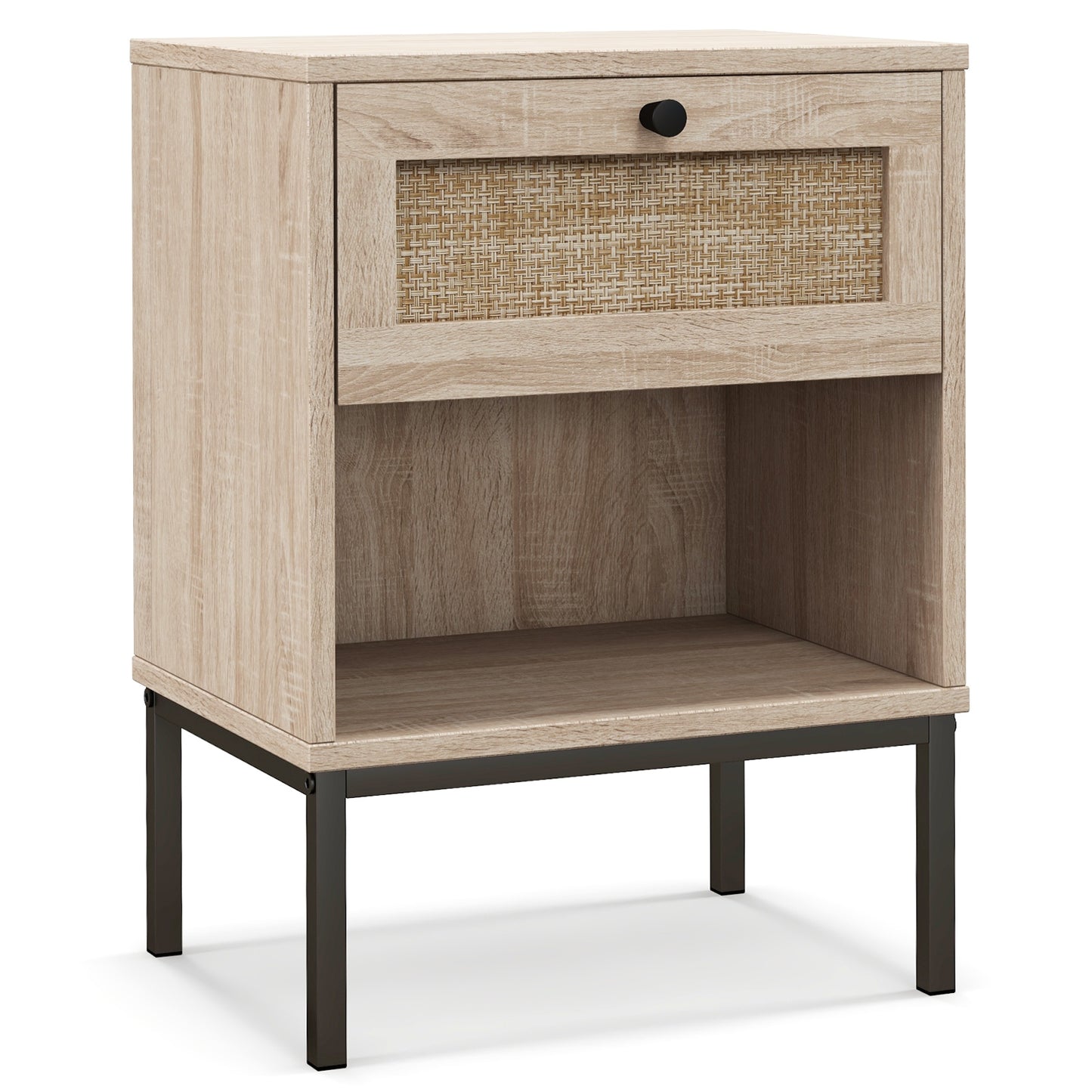 Rattan Nightstand Boho End Table with Rattan Drawer & Open Shelf-Oak Kids Crystal