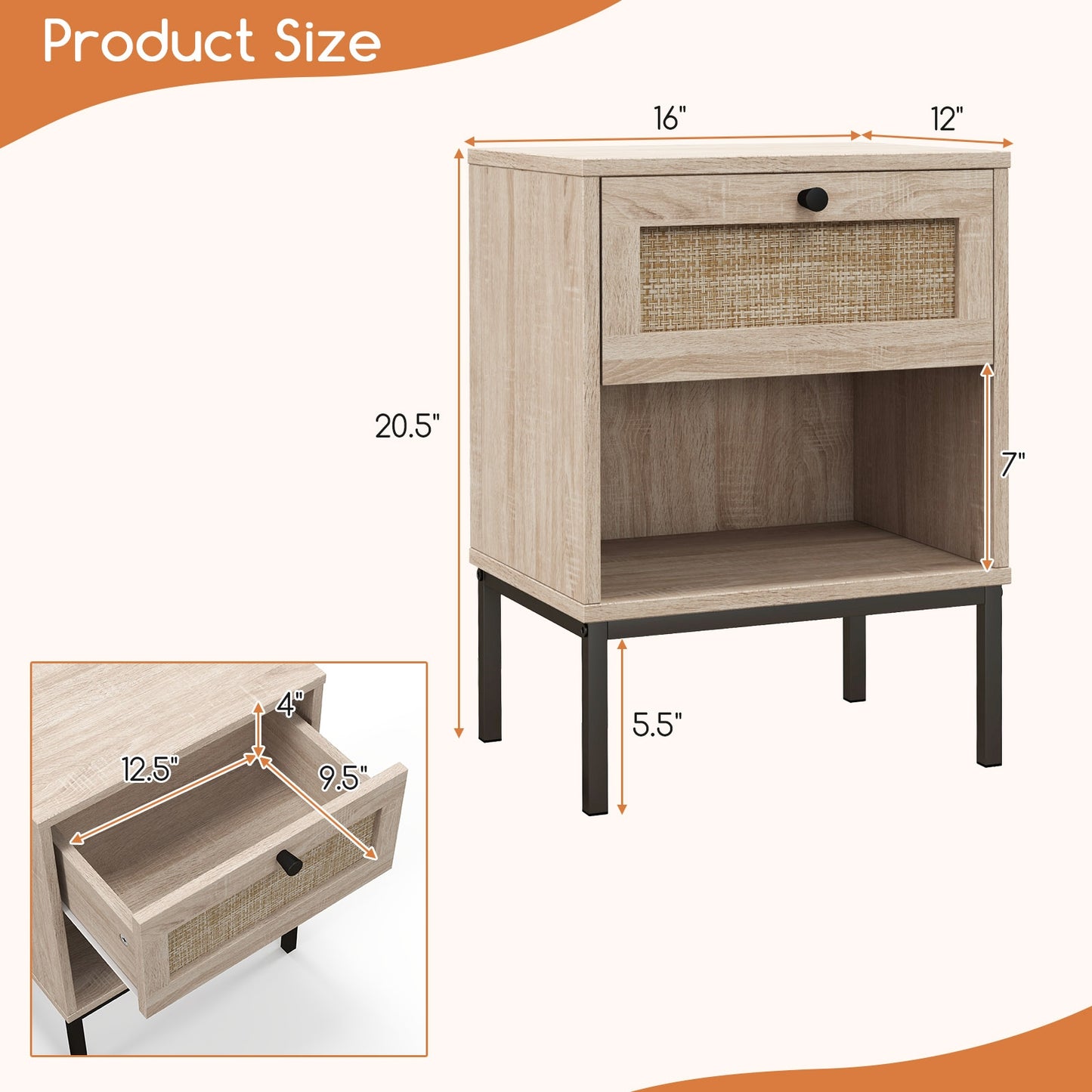 Rattan Nightstand Boho End Table with Rattan Drawer & Open Shelf-Oak Kids Crystal