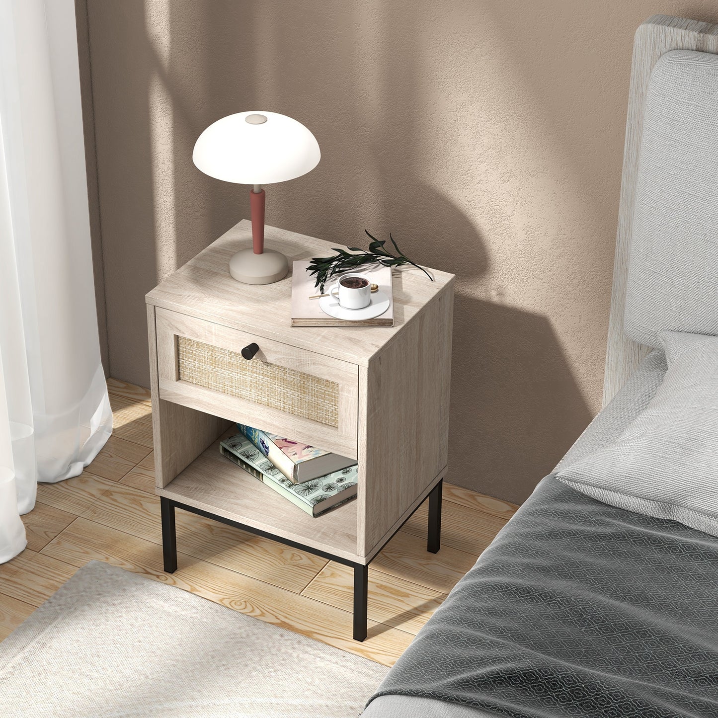 Rattan Nightstand Boho End Table with Rattan Drawer & Open Shelf-Oak Kids Crystal