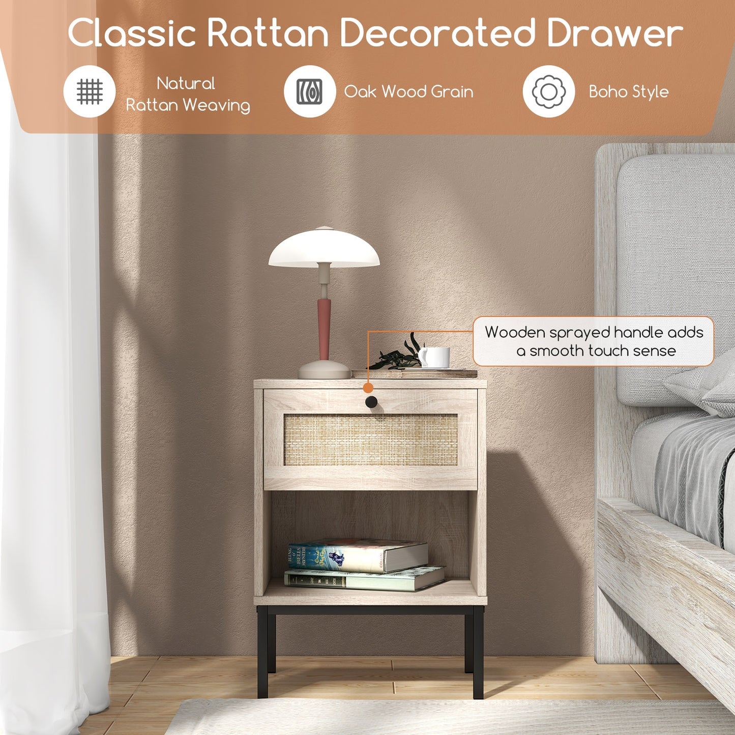 Rattan Nightstand Boho End Table with Rattan Drawer & Open Shelf-Oak Kids Crystal