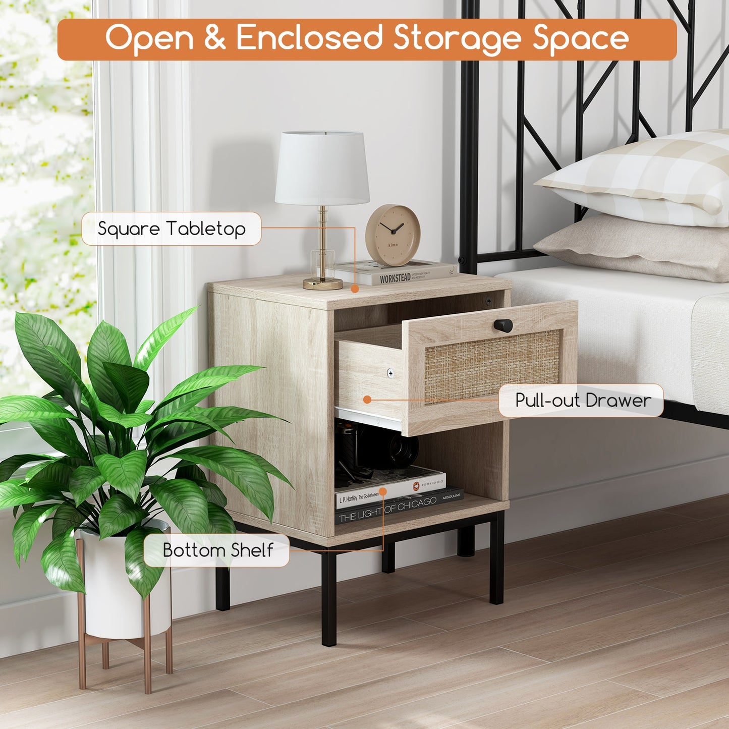 Rattan Nightstand Boho End Table with Rattan Drawer & Open Shelf-Oak Kids Crystal