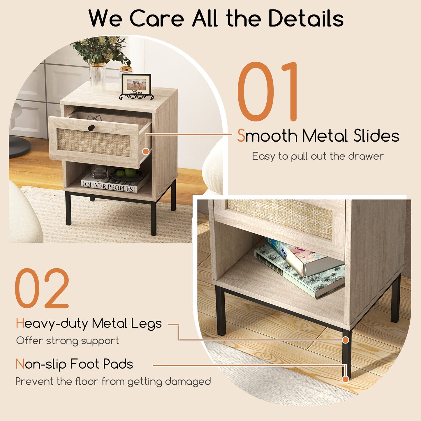 Rattan Nightstand Boho End Table with Rattan Drawer & Open Shelf-Oak Kids Crystal