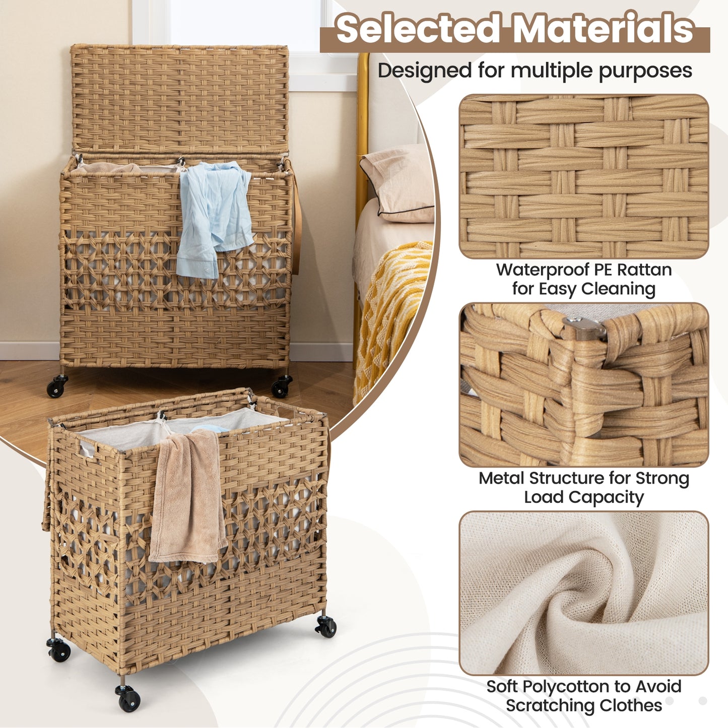 110L 2-Section Laundry Hamper with 2 Removable and Washable Liner Bags-Natural Kids Crystal