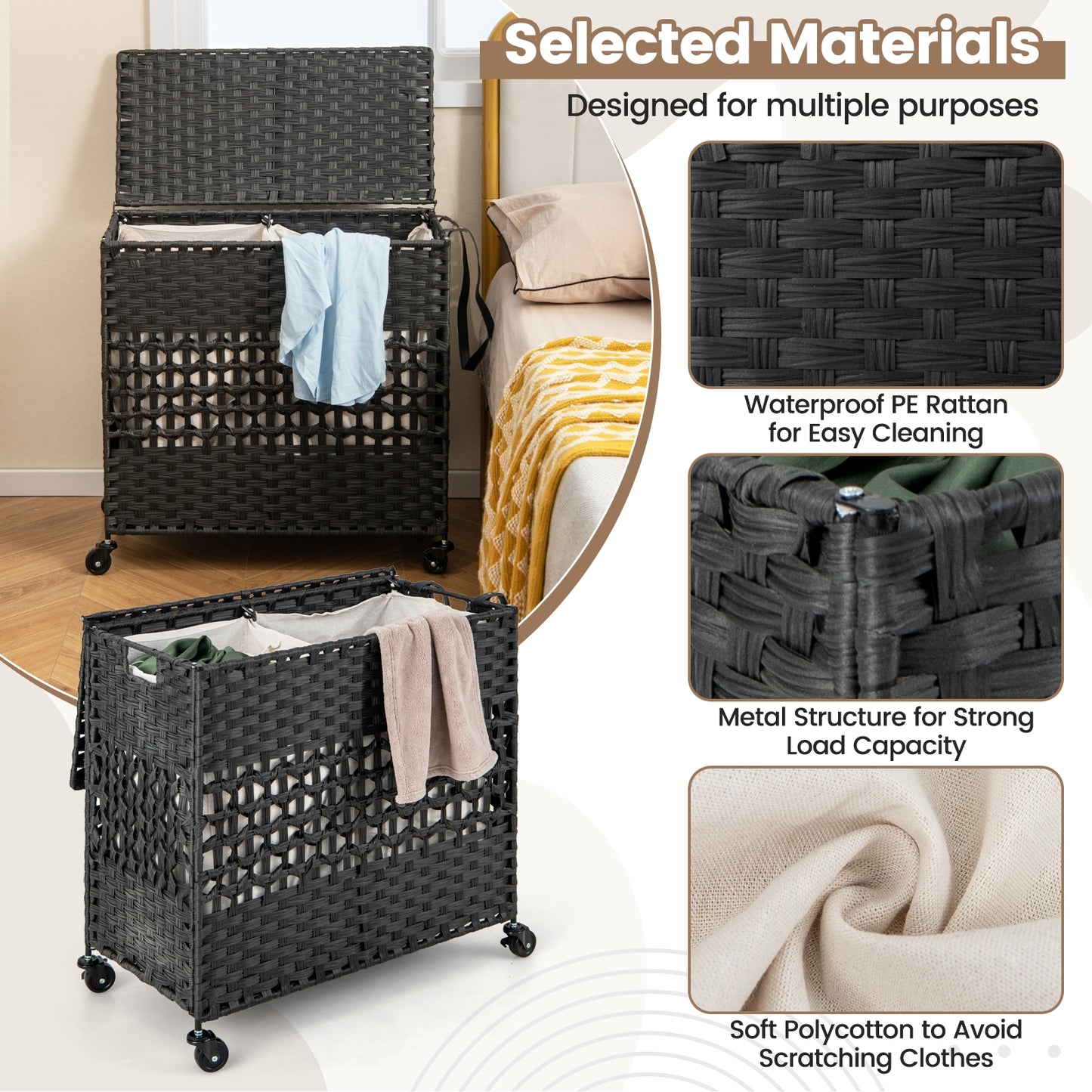 110L 2-Section Laundry Hamper with 2 Removable and Washable Liner Bags-Black Kids Crystal
