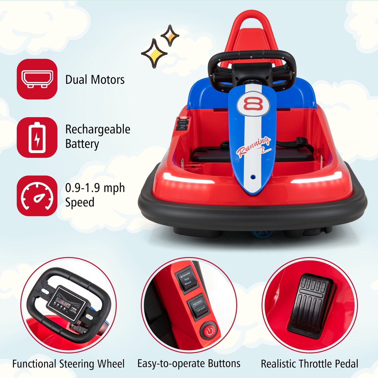 6V kids Ride-on Bumper Car with 360° Spinning and Dual Motors-Red Kids Crystal