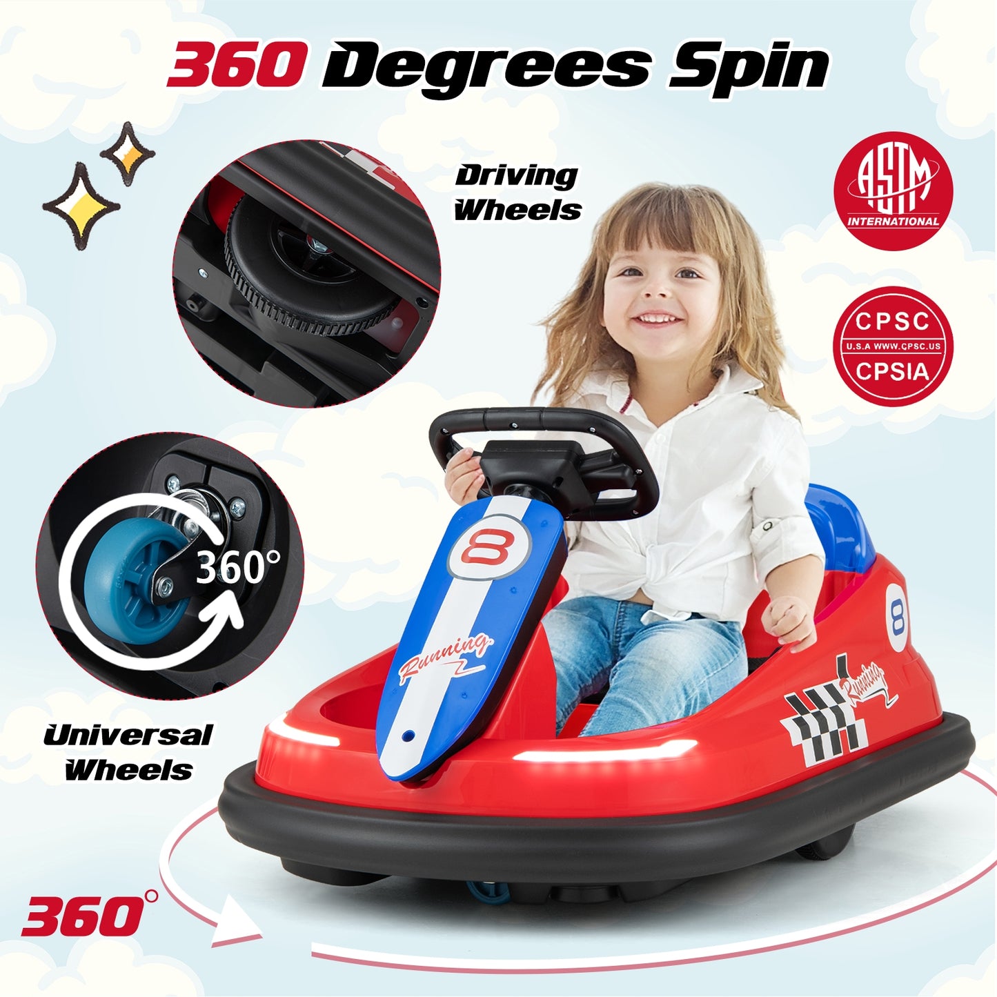 6V kids Ride-on Bumper Car with 360° Spinning and Dual Motors-Red Kids Crystal