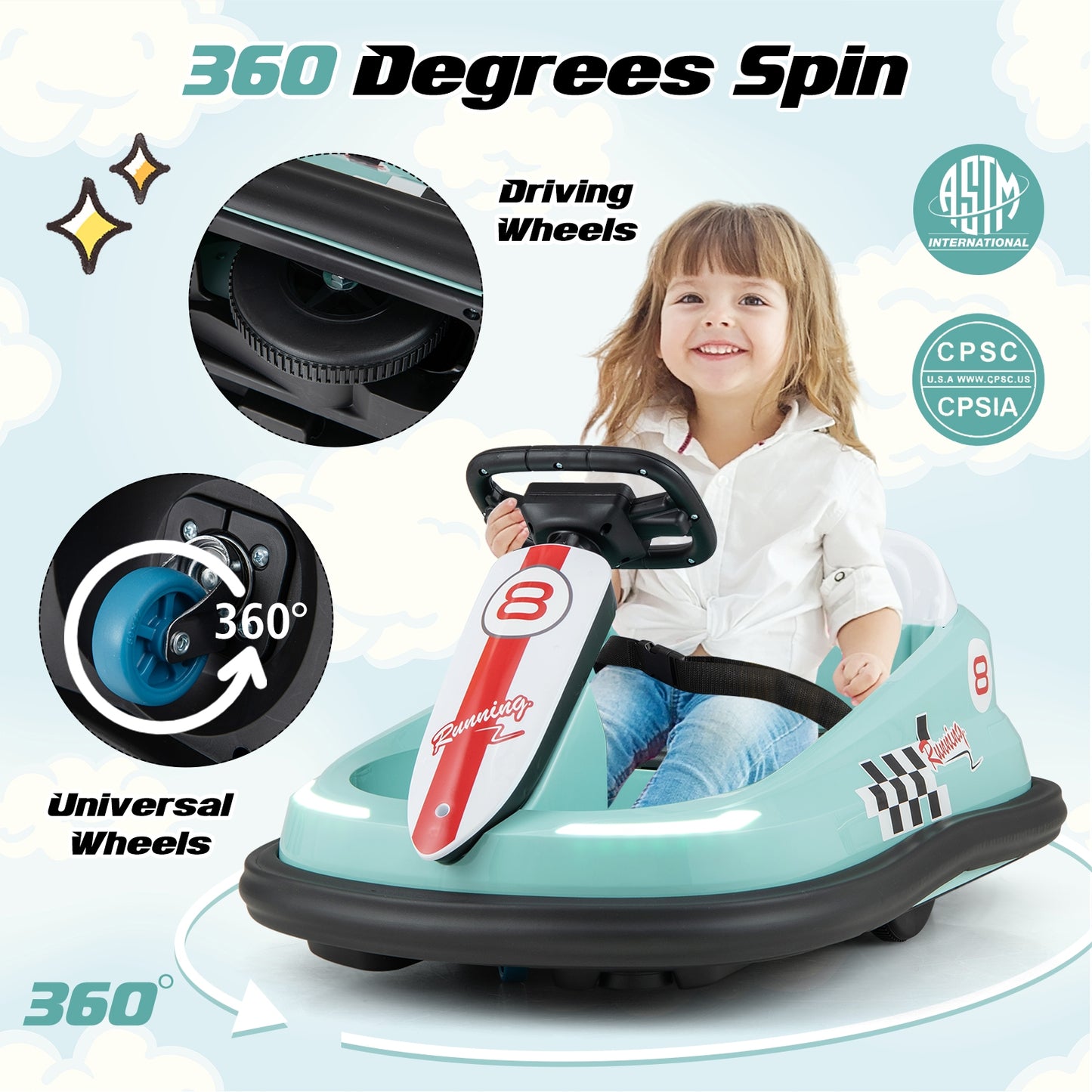 6V kids Ride-on Bumper Car with 360° Spinning and Dual Motors-Green Kids Crystal