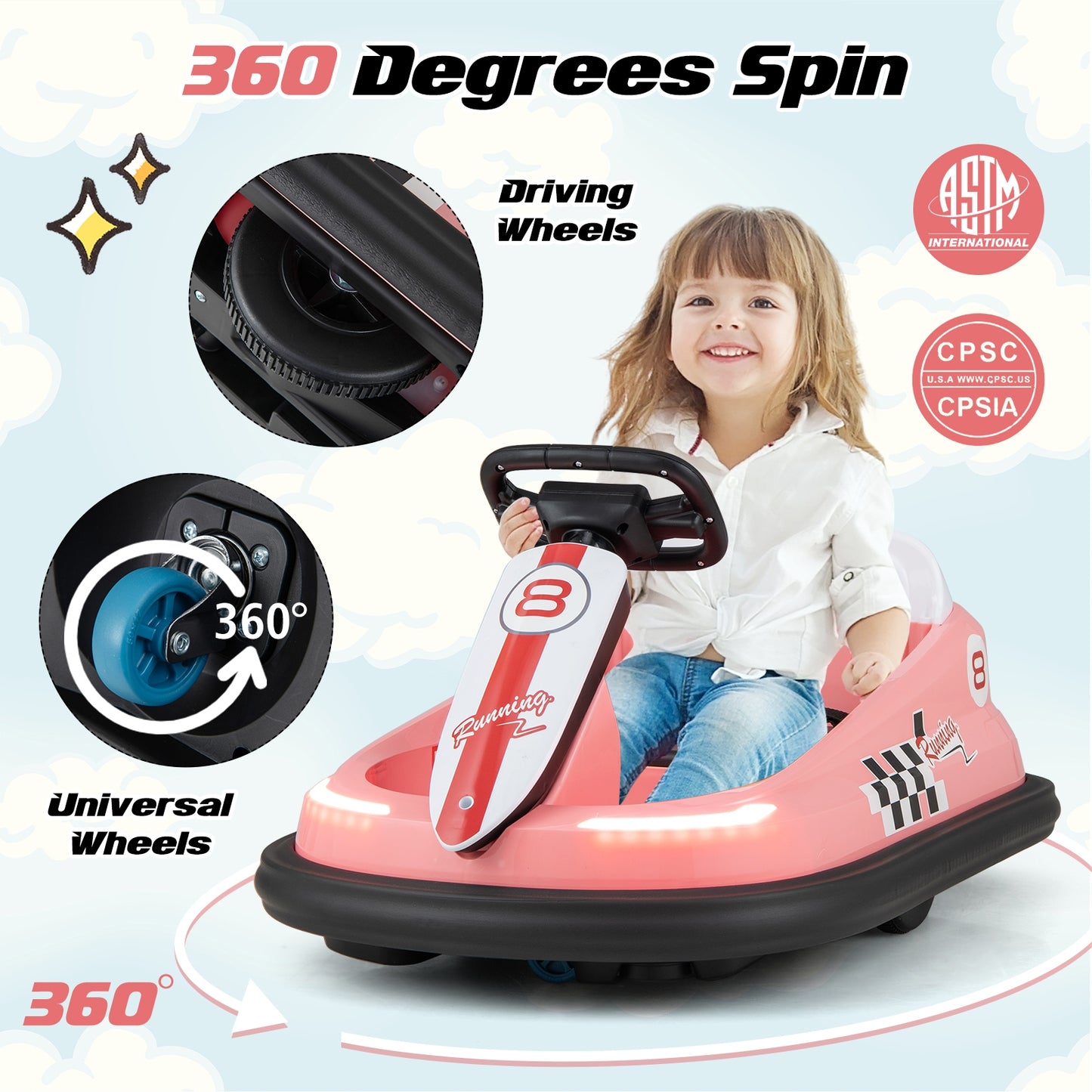6V kids Ride-on Bumper Car with 360° Spinning and Dual Motors-Pink Kids Crystal