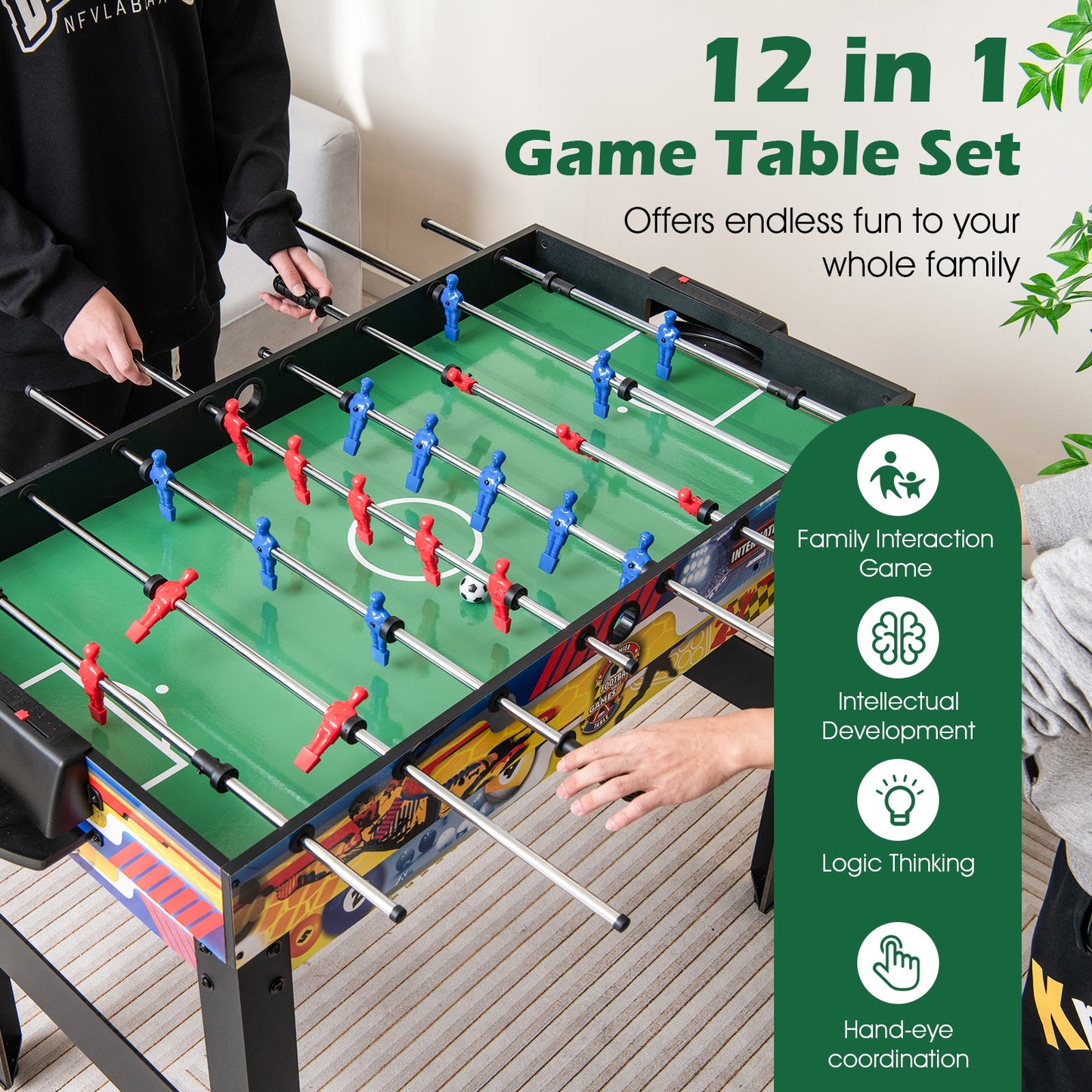 12-in-1 Combo Game Table Set with Foosball Air Hockey Pool Chess and Ping Pong Kids Crystal