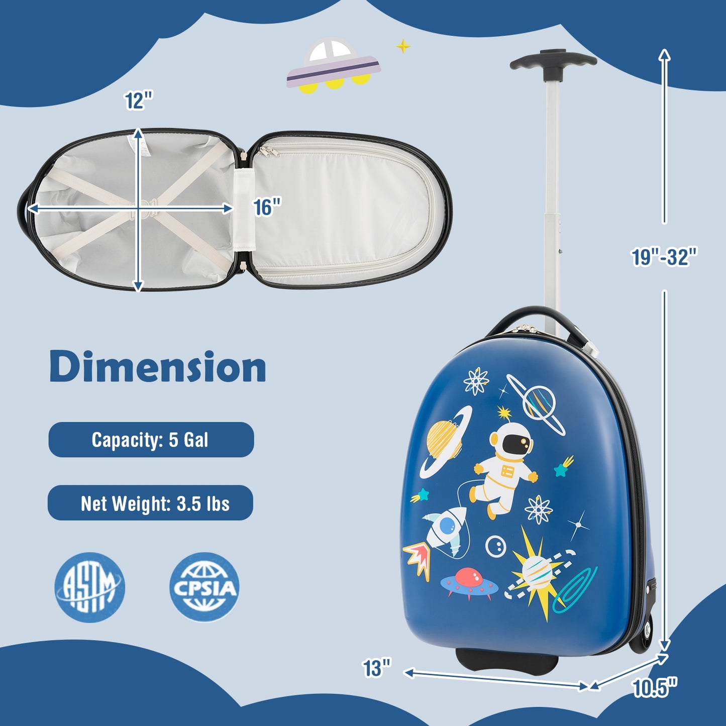 16 Inch Kids Carry-On Luggage Hard Shell Suitcase with Wheels-Blue Kids Crystal