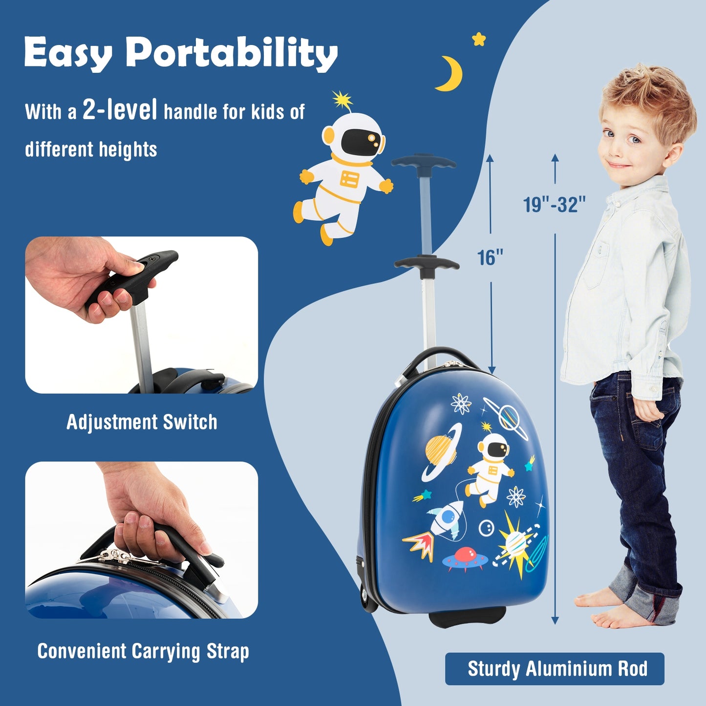 16 Inch Kids Carry-On Luggage Hard Shell Suitcase with Wheels-Blue Kids Crystal