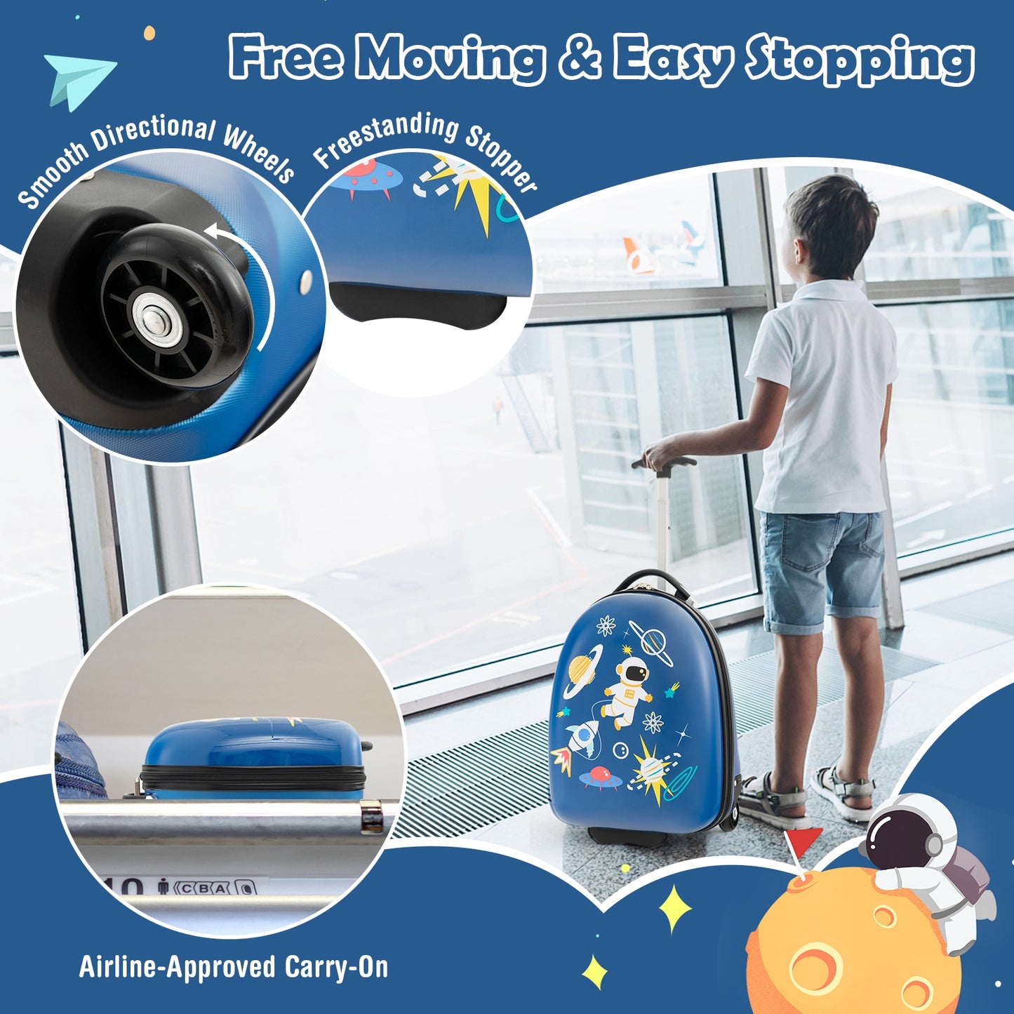 16 Inch Kids Carry-On Luggage Hard Shell Suitcase with Wheels-Blue Kids Crystal