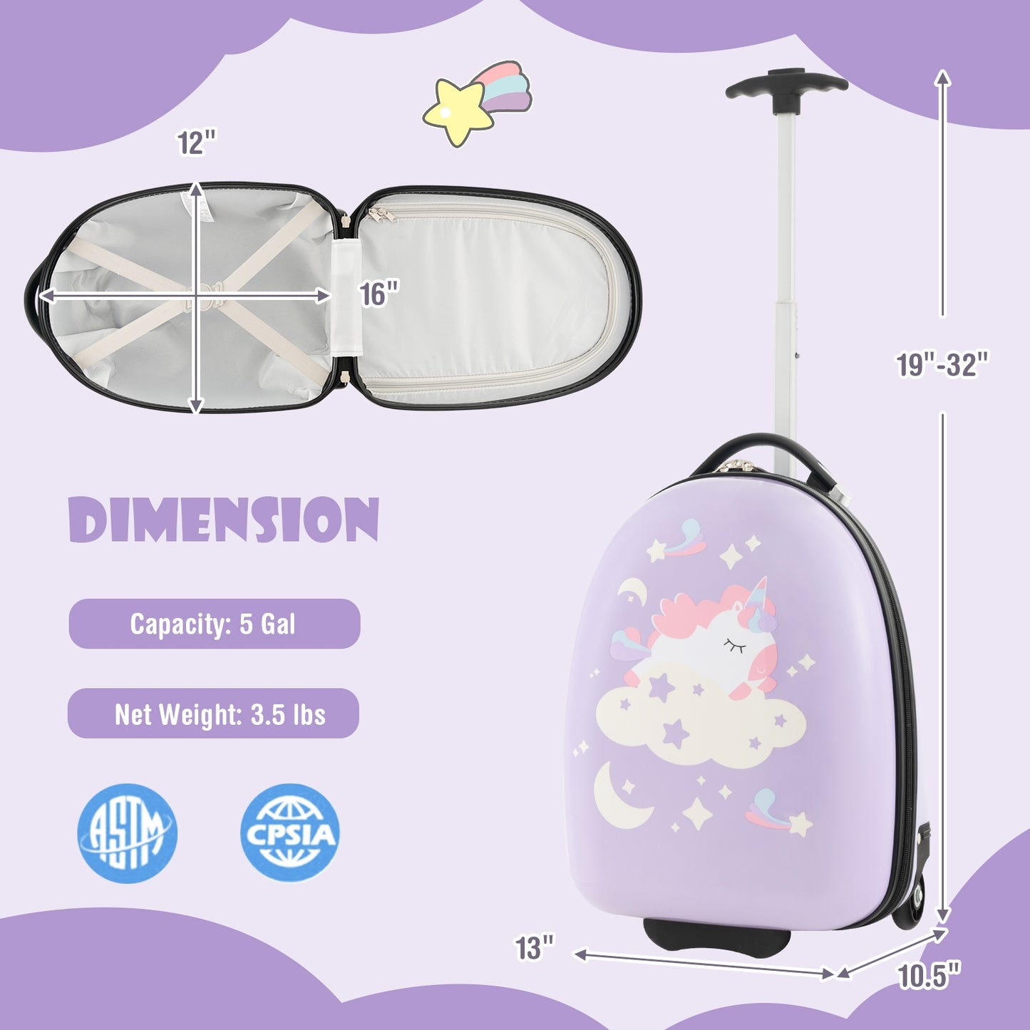 16 Inch Kids Carry-On Luggage Hard Shell Suitcase with Wheels-Pink Kids Crystal