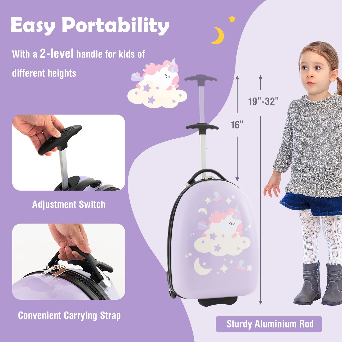 16 Inch Kids Carry-On Luggage Hard Shell Suitcase with Wheels-Pink Kids Crystal