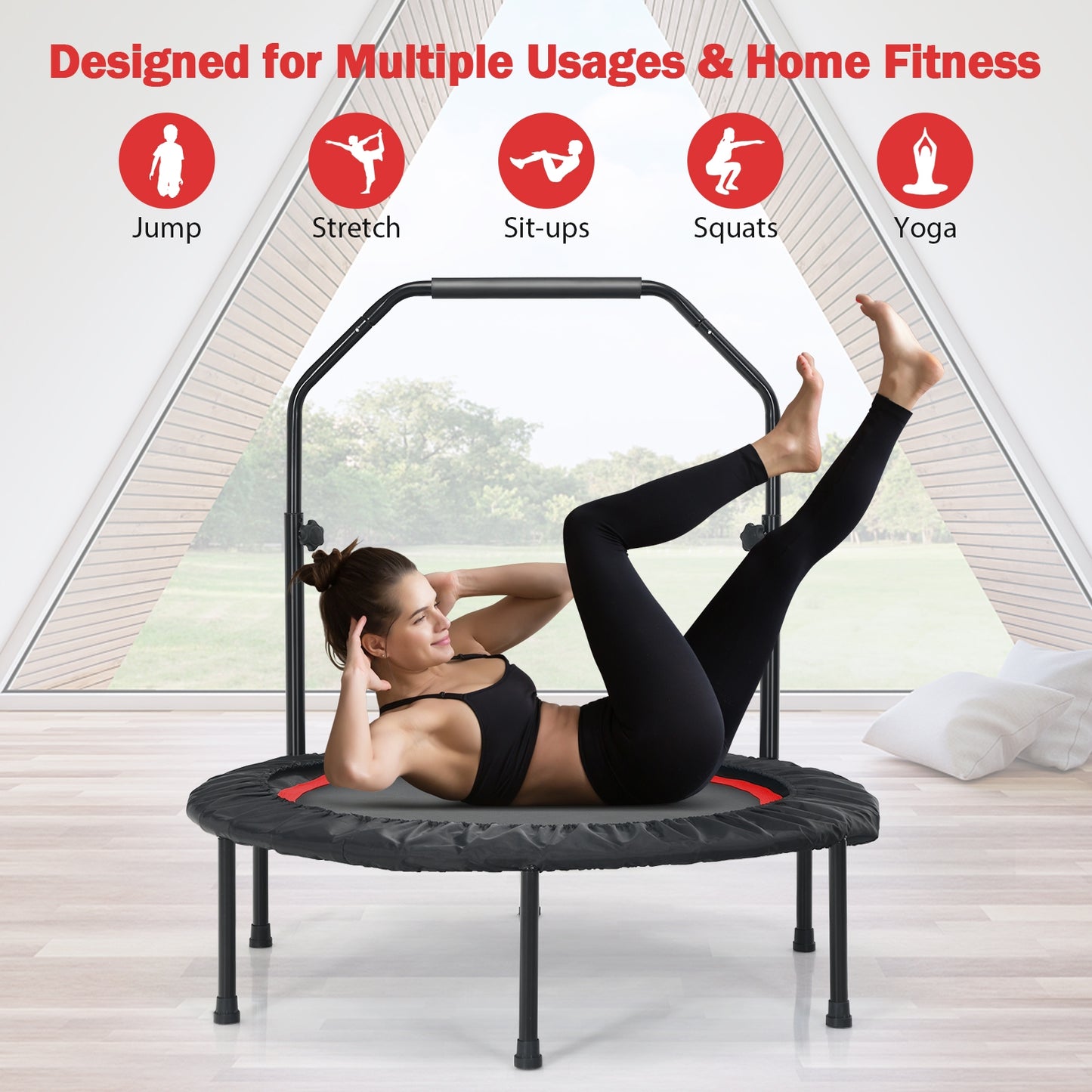 40 Inch Foldable Fitness Rebounder with Resistance Bands Adjustable Home-Red Kids Crystal