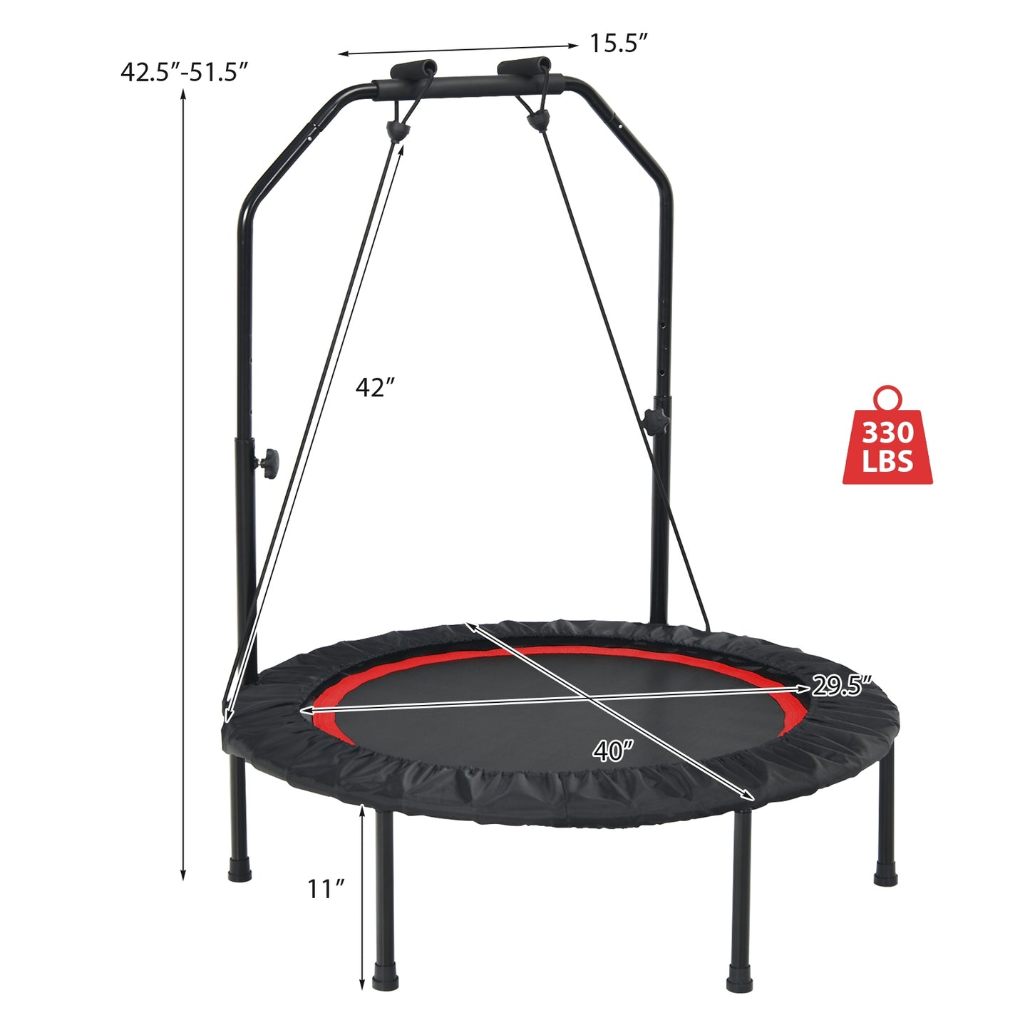 40 Inch Foldable Fitness Rebounder with Resistance Bands Adjustable Home-Red Kids Crystal