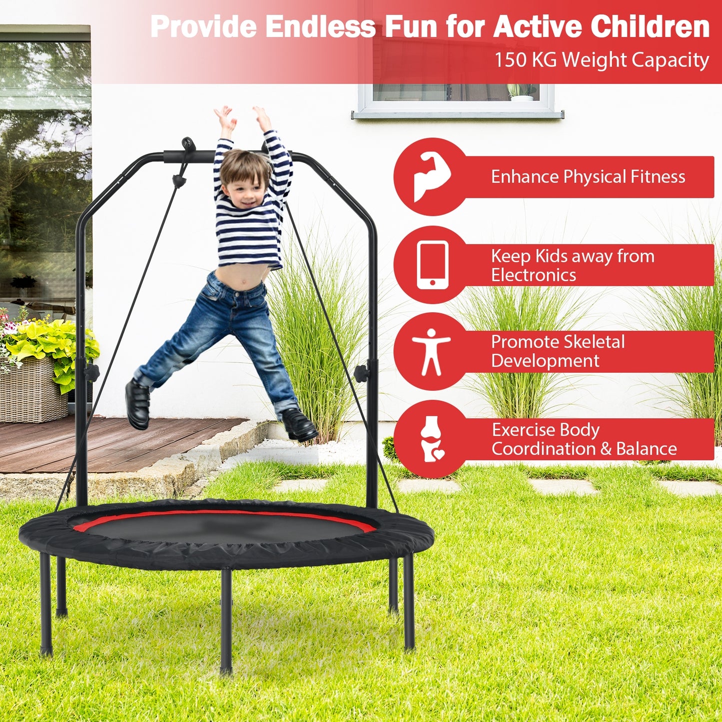 40 Inch Foldable Fitness Rebounder with Resistance Bands Adjustable Home-Red Kids Crystal