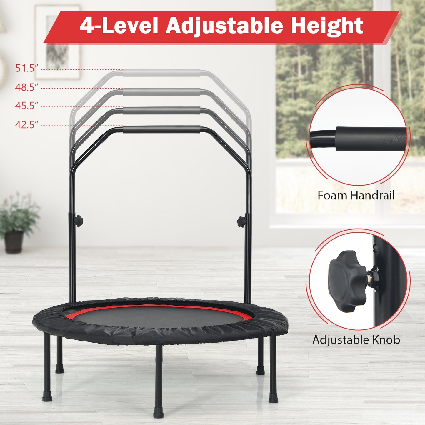 40 Inch Foldable Fitness Rebounder with Resistance Bands Adjustable Home-Red Kids Crystal