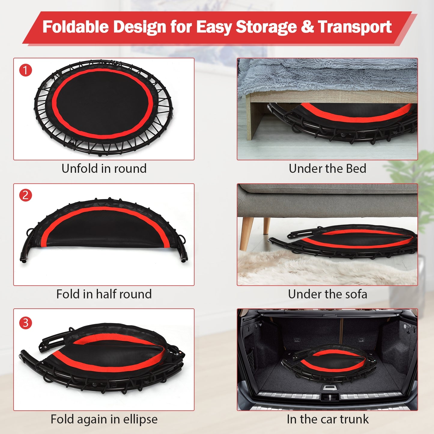 40 Inch Foldable Fitness Rebounder with Resistance Bands Adjustable Home-Red Kids Crystal