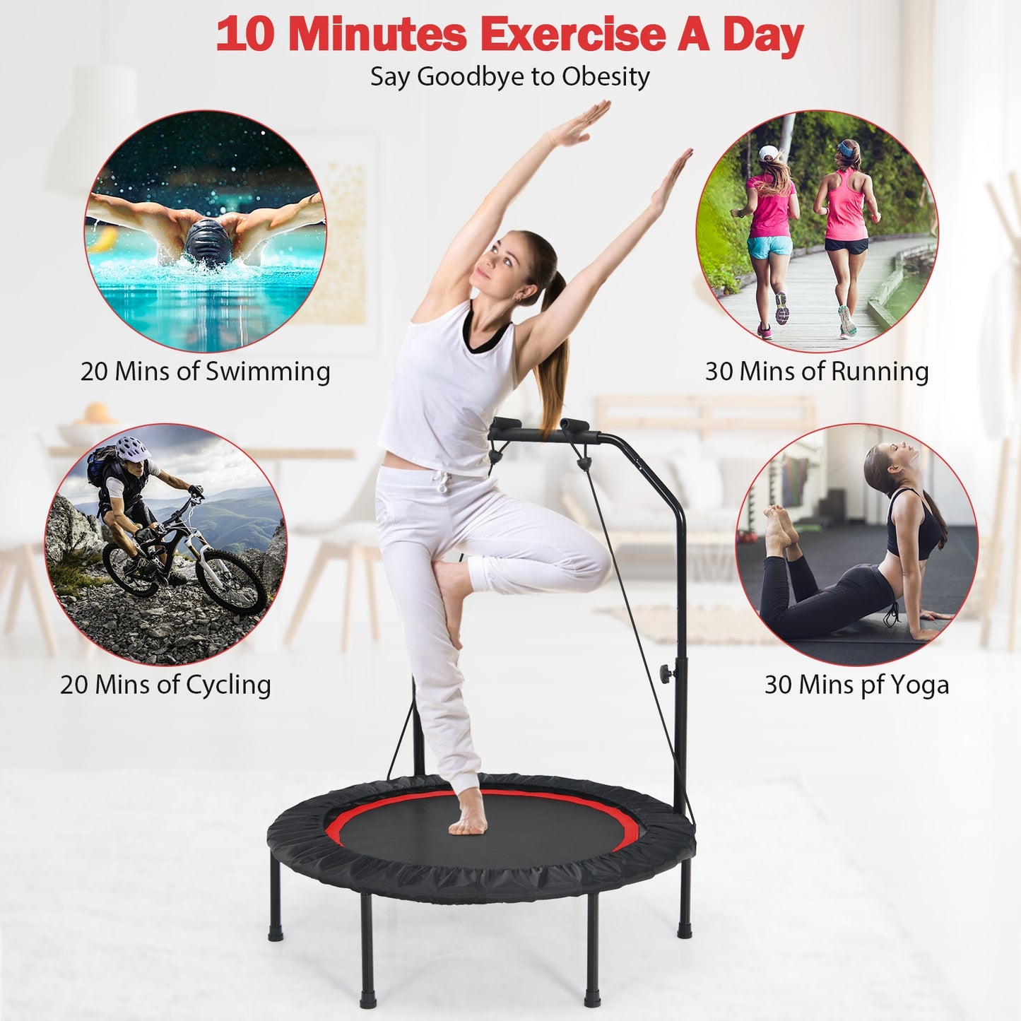 40 Inch Foldable Fitness Rebounder with Resistance Bands Adjustable Home-Red Kids Crystal