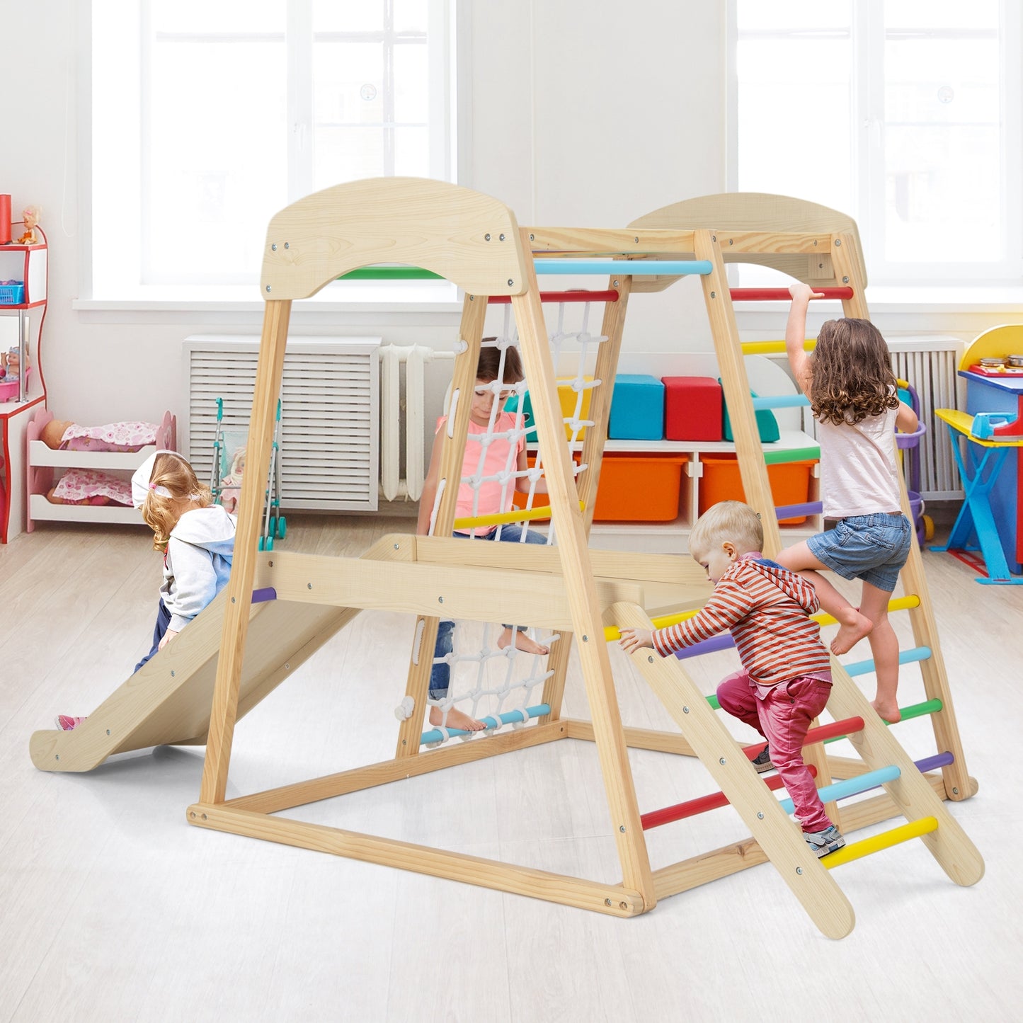 6-in-1 Indoor Jungle Gym Kids Wooden Playground with Monkey Bars-Multicolor Kids Crystal