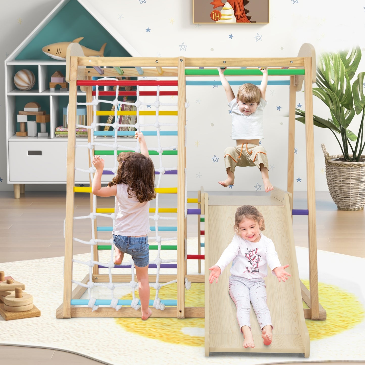 6-in-1 Indoor Jungle Gym Kids Wooden Playground with Monkey Bars-Multicolor Kids Crystal