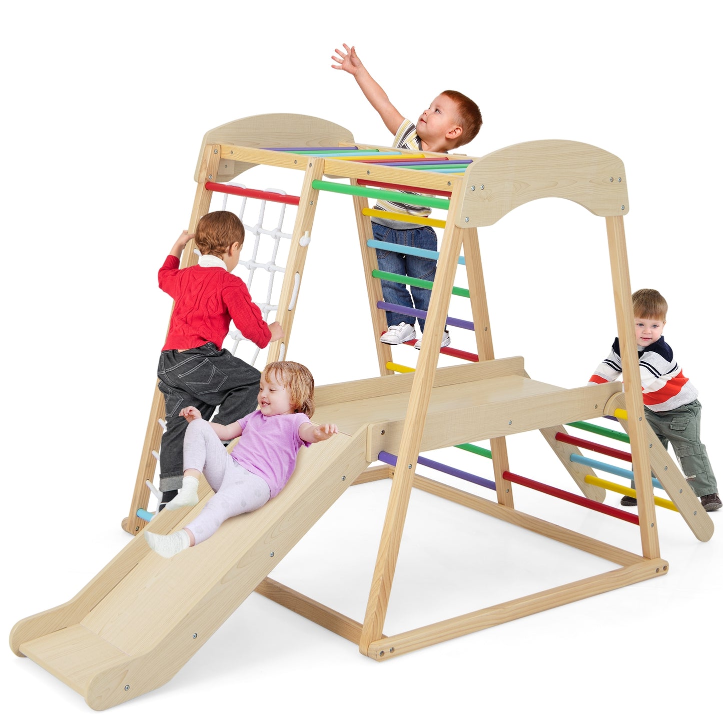 6-in-1 Indoor Jungle Gym Kids Wooden Playground with Monkey Bars-Multicolor Kids Crystal
