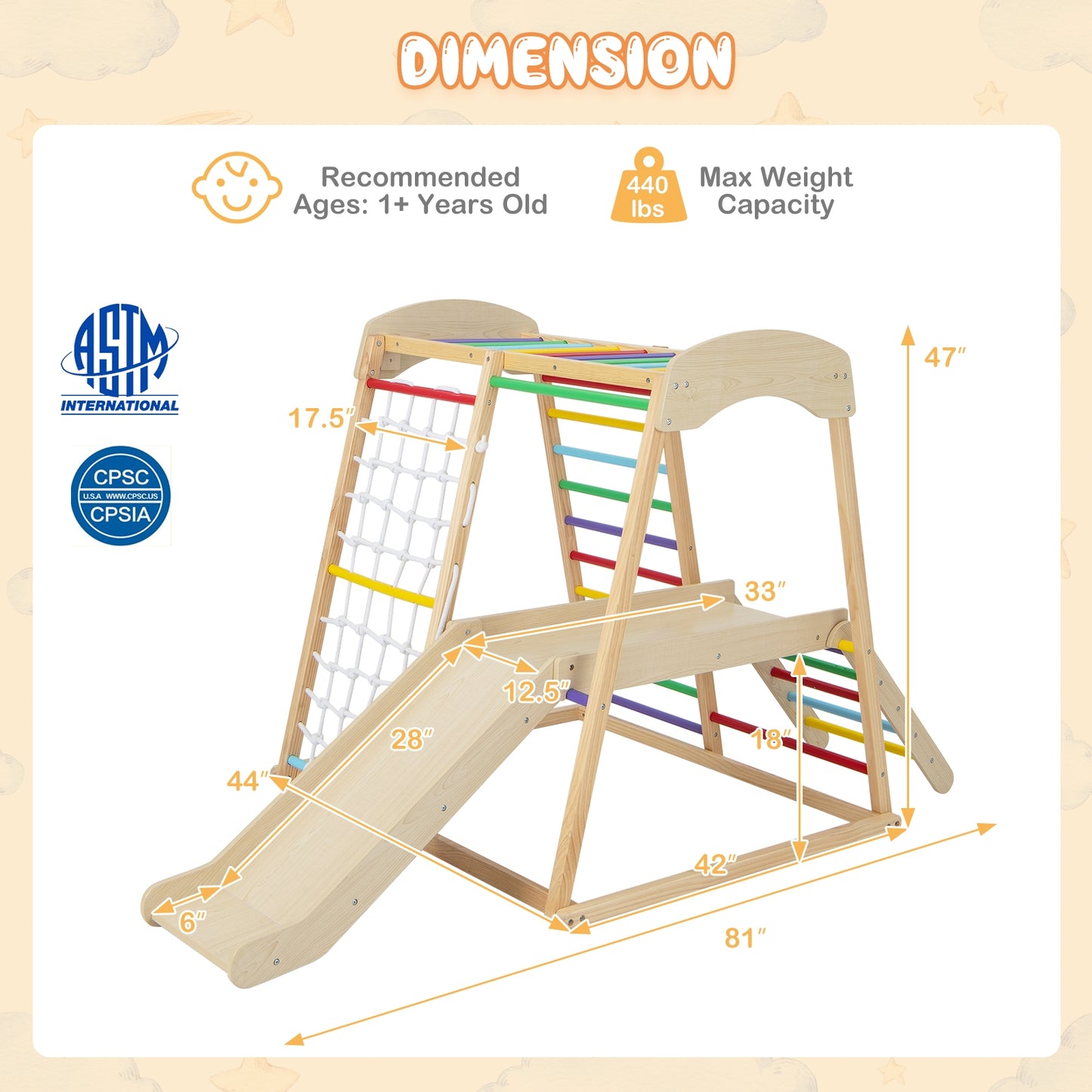6-in-1 Indoor Jungle Gym Kids Wooden Playground with Monkey Bars-Multicolor Kids Crystal