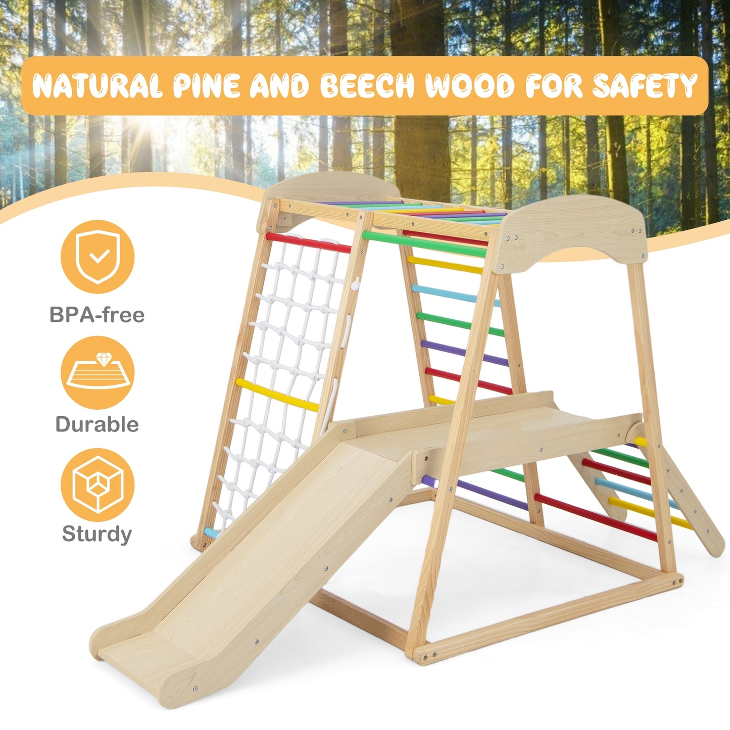 6-in-1 Indoor Jungle Gym Kids Wooden Playground with Monkey Bars-Multicolor Kids Crystal
