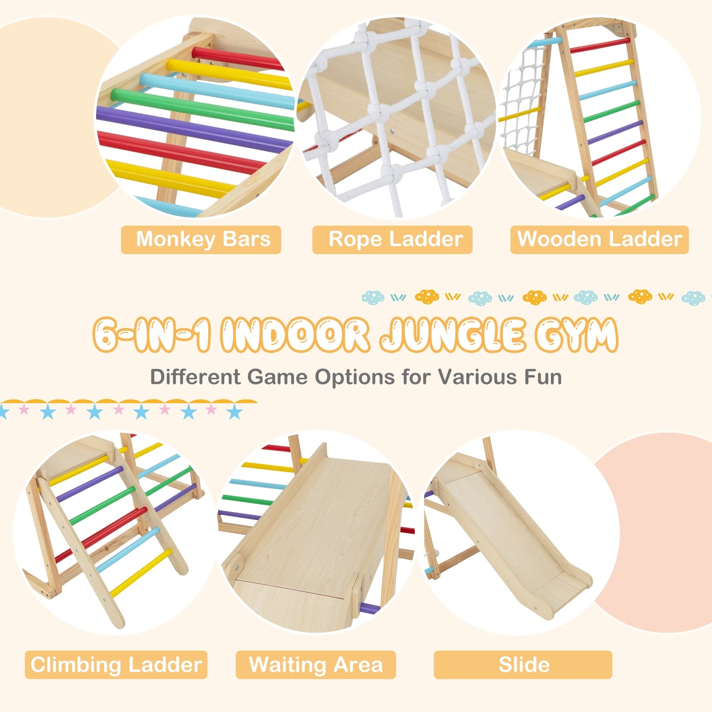 6-in-1 Indoor Jungle Gym Kids Wooden Playground with Monkey Bars-Multicolor Kids Crystal