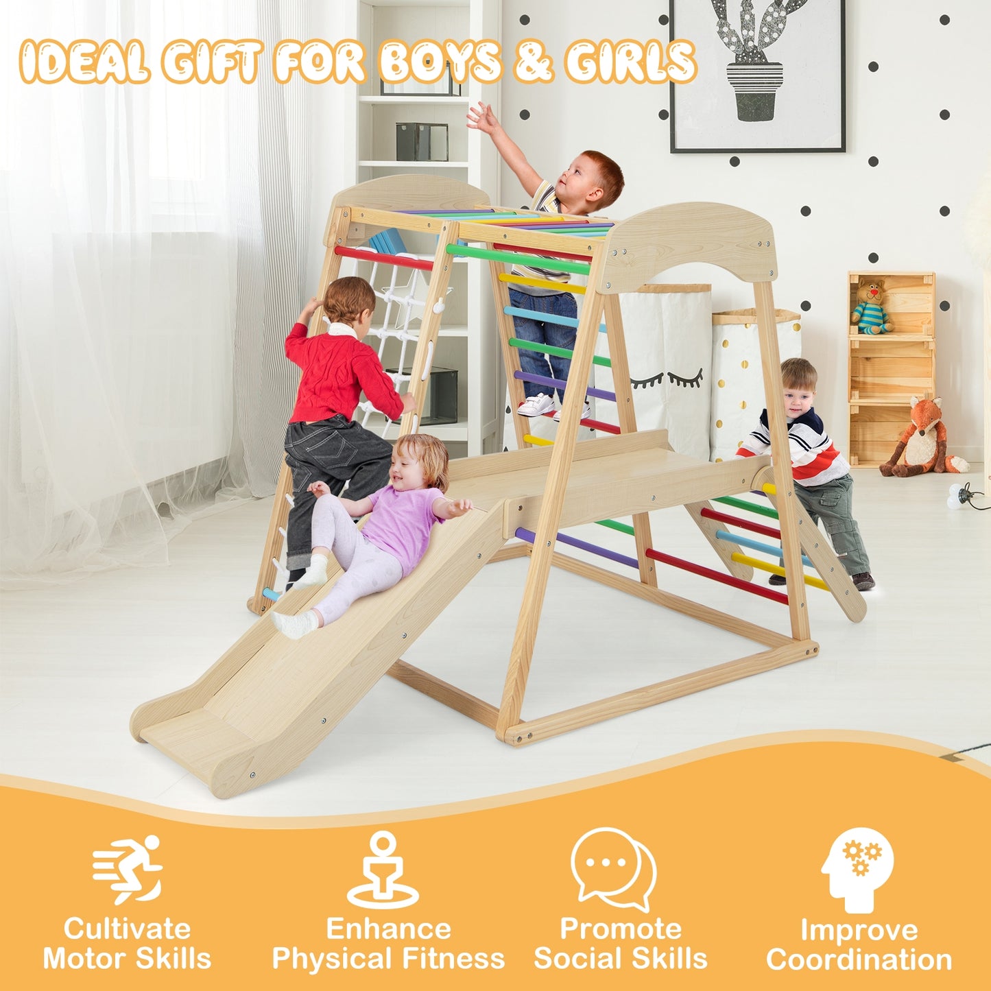 6-in-1 Indoor Jungle Gym Kids Wooden Playground with Monkey Bars-Multicolor Kids Crystal