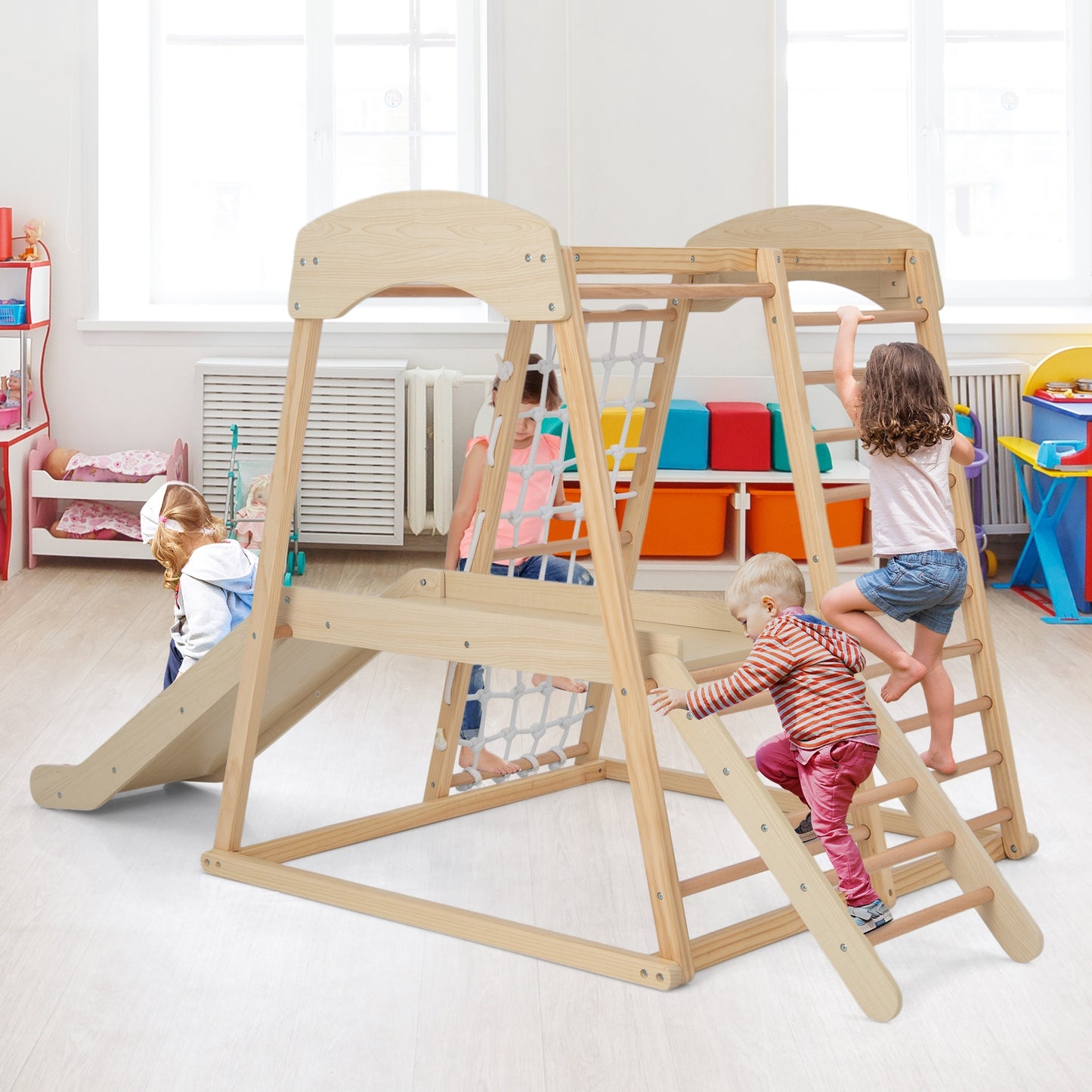 6-in-1 Indoor Jungle Gym Kids Wooden Playground with Monkey Bars-Natural Kids Crystal