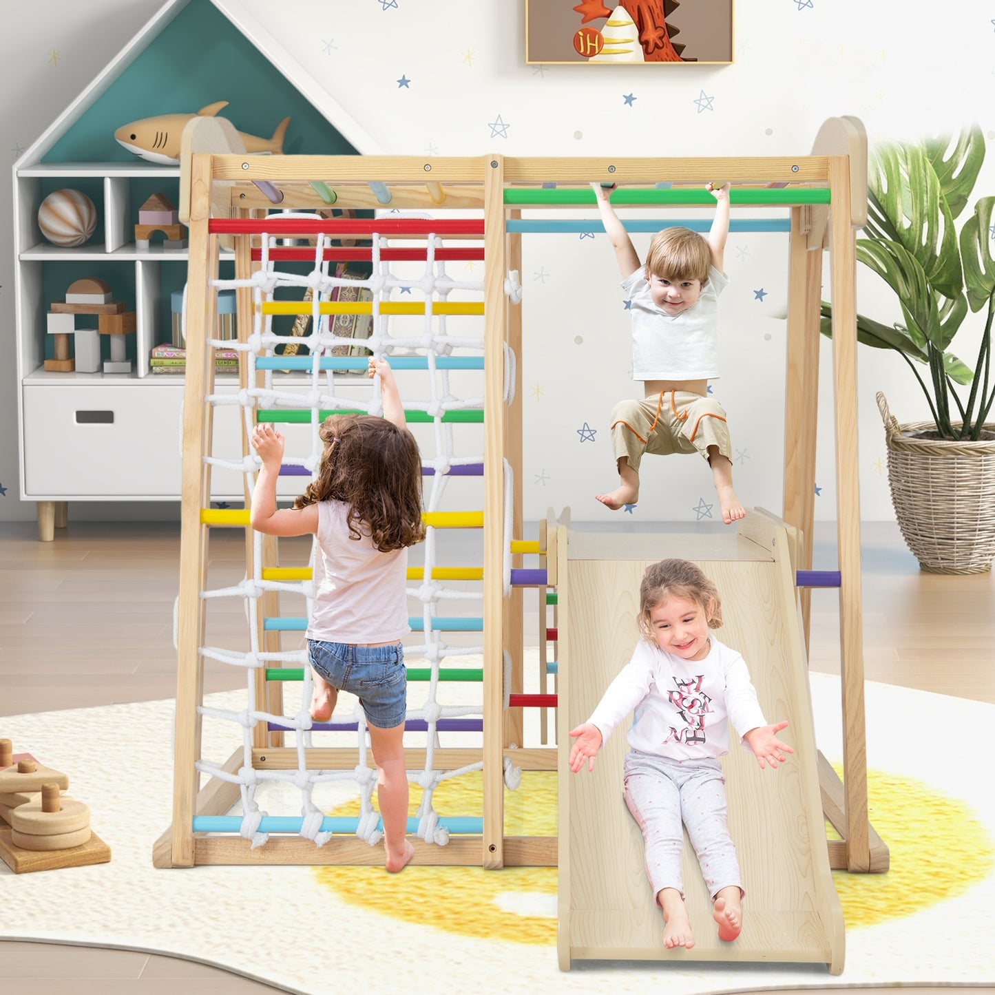 6-in-1 Indoor Jungle Gym Kids Wooden Playground with Monkey Bars-Natural Kids Crystal